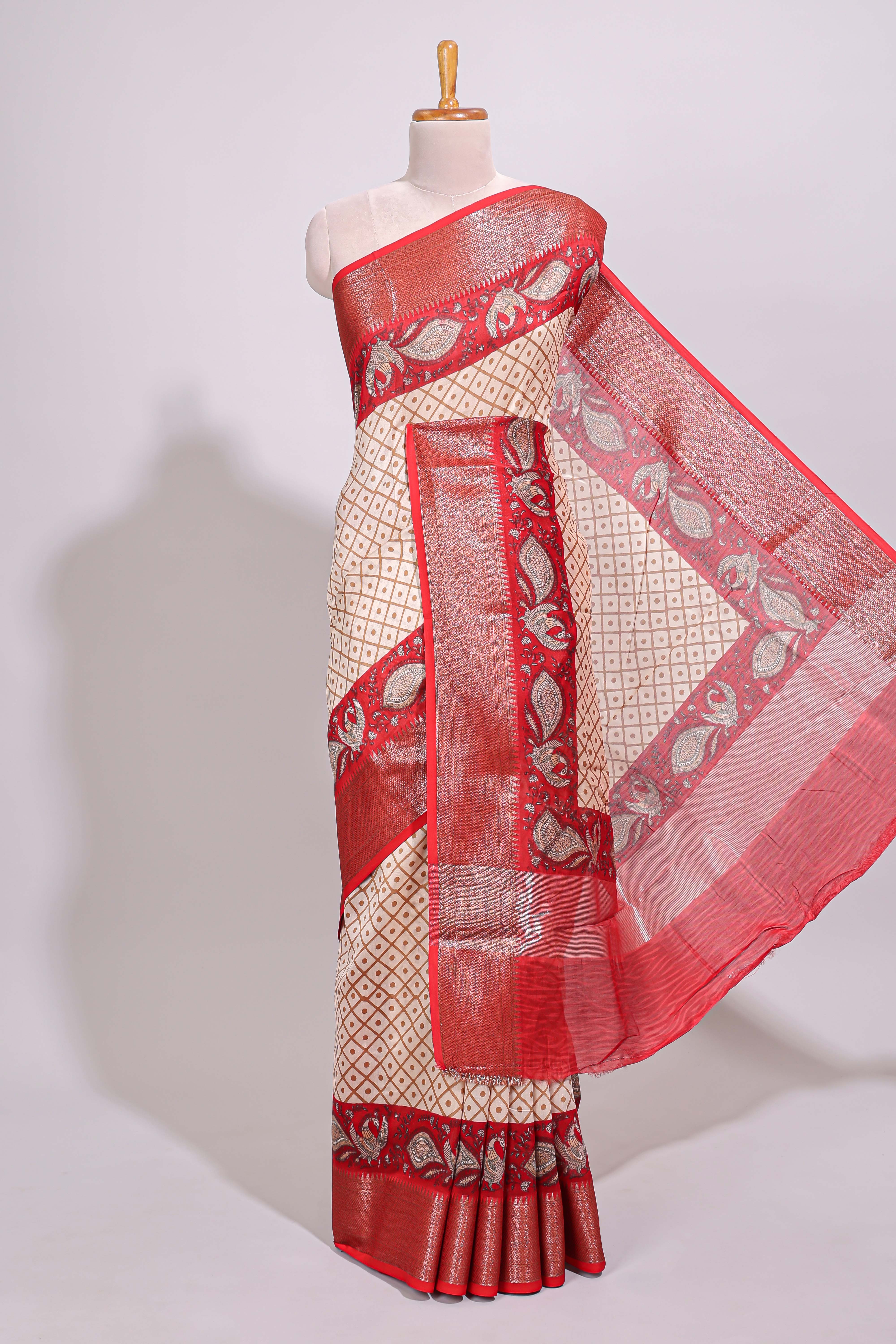 Cream geometric checked motifs chanderi cotton saree with contrast red border and printed blouse