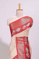 Cream geometric checked motifs chanderi cotton saree with contrast red border and printed blouse