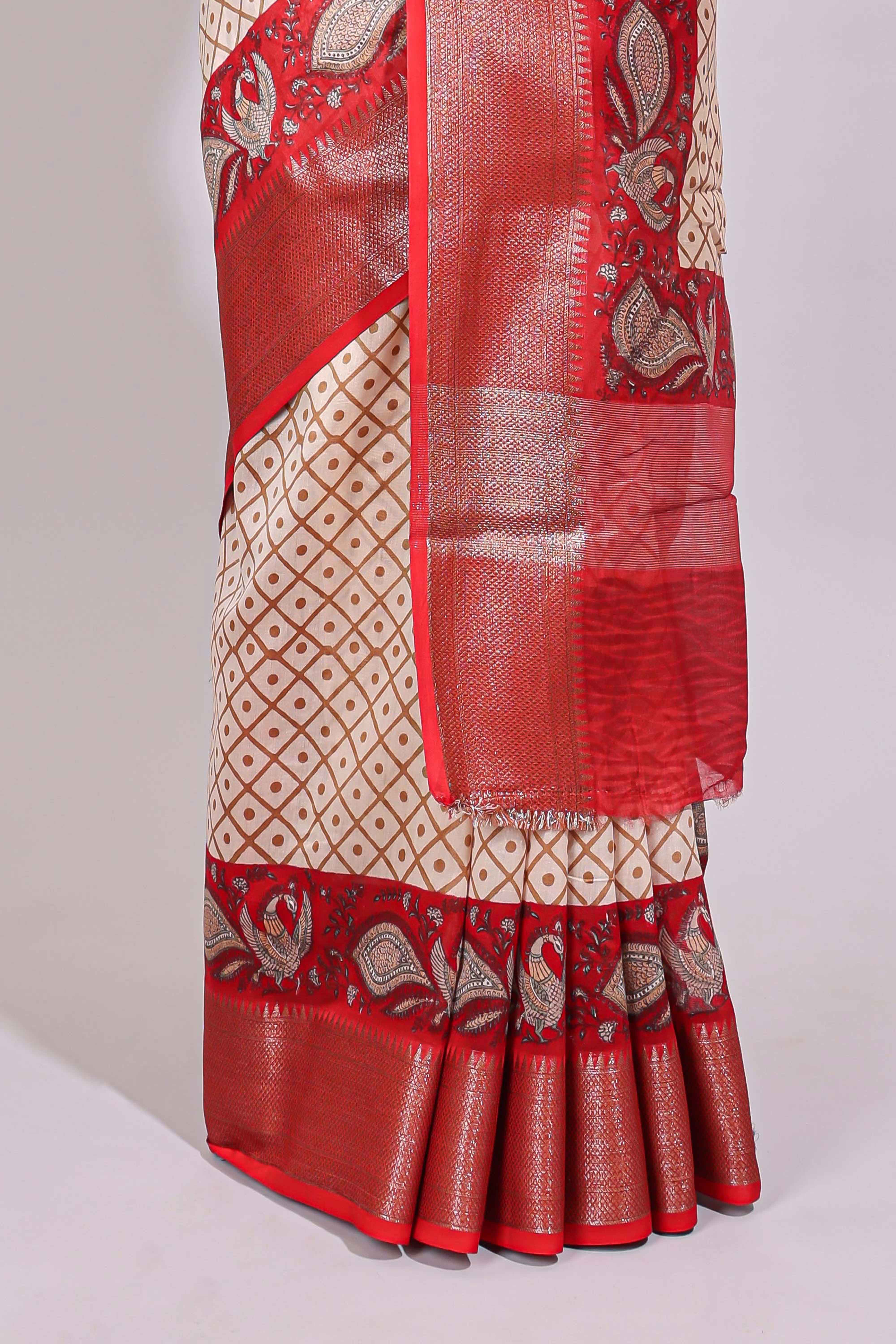 Cream geometric checked motifs chanderi cotton saree with contrast red border and printed blouse
