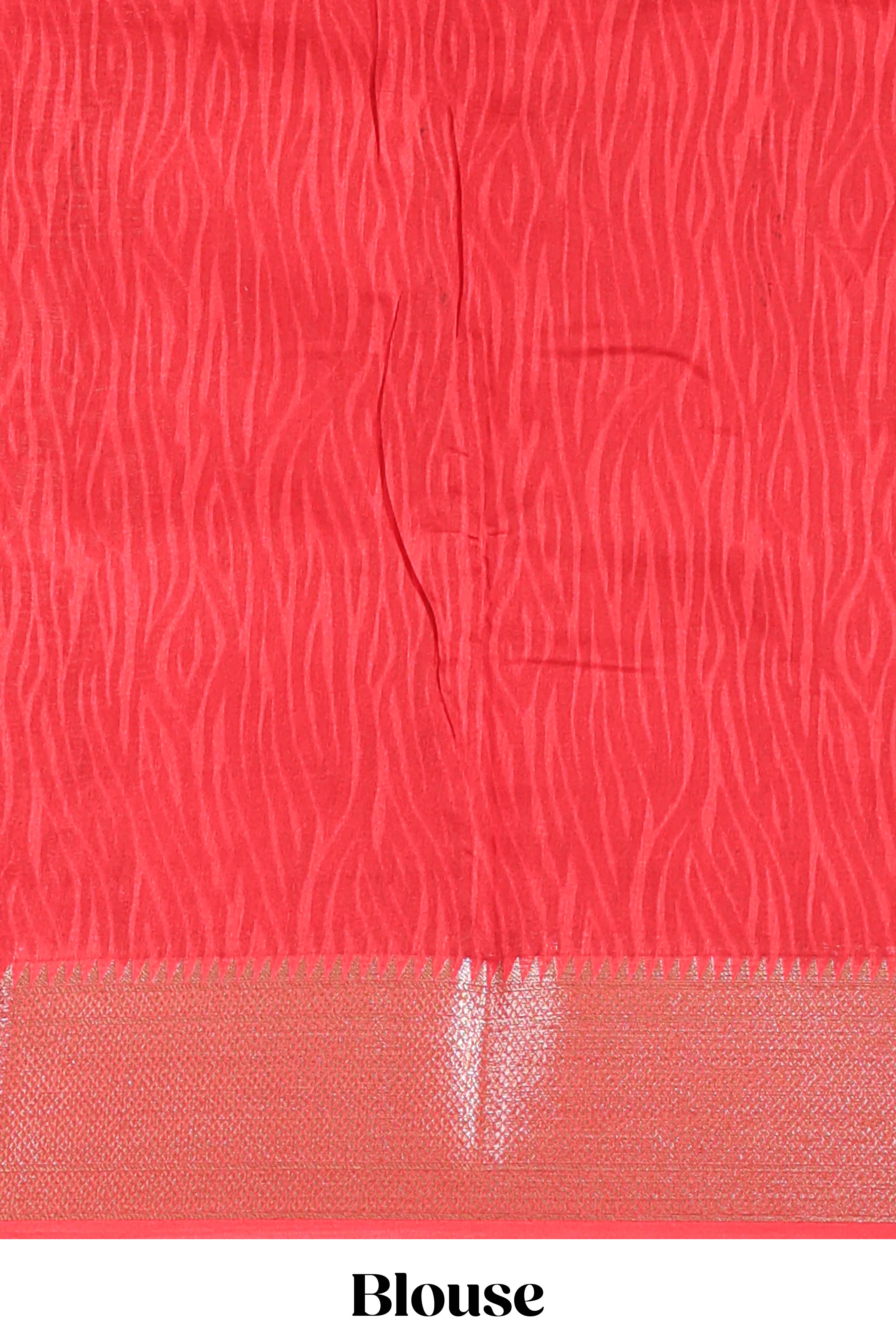 Cream geometric checked motifs chanderi cotton saree with contrast red border and printed blouse