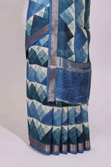 Cream geometric design chanderi cotton saree with contrast border and printed blouse