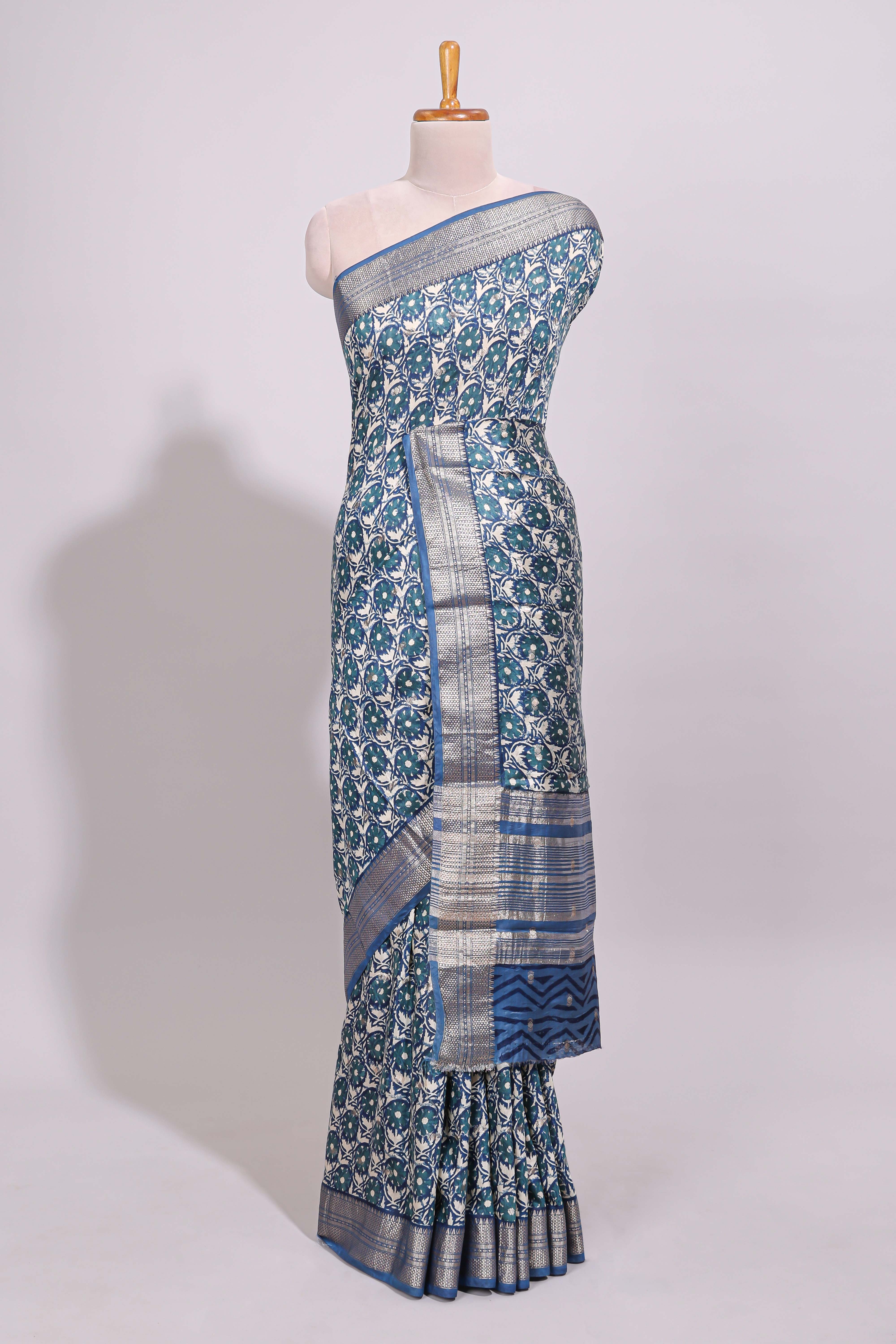 Cream floral design chanderi cotton saree with contrast border and printed blouse