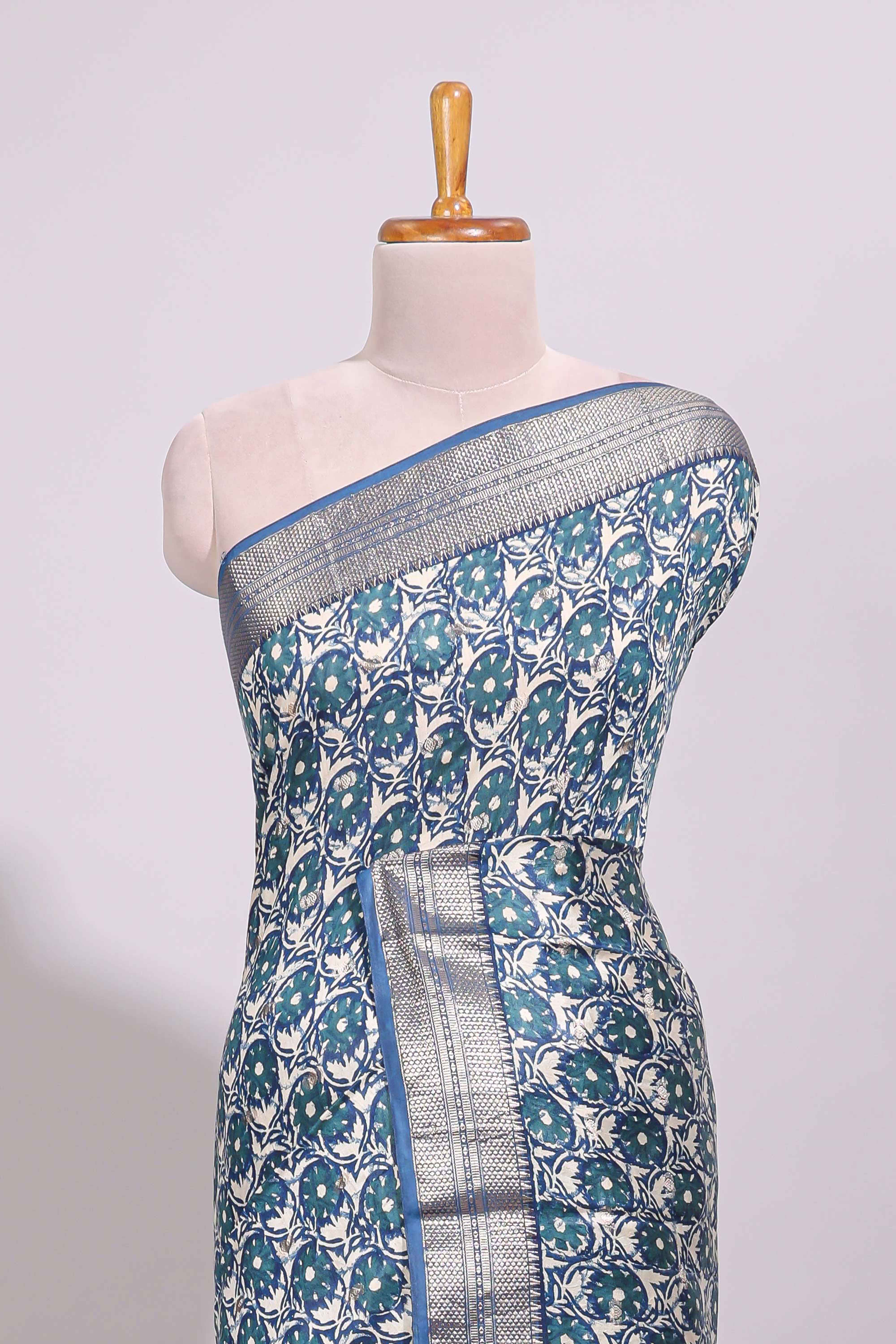 Cream floral design chanderi cotton saree with contrast border and printed blouse