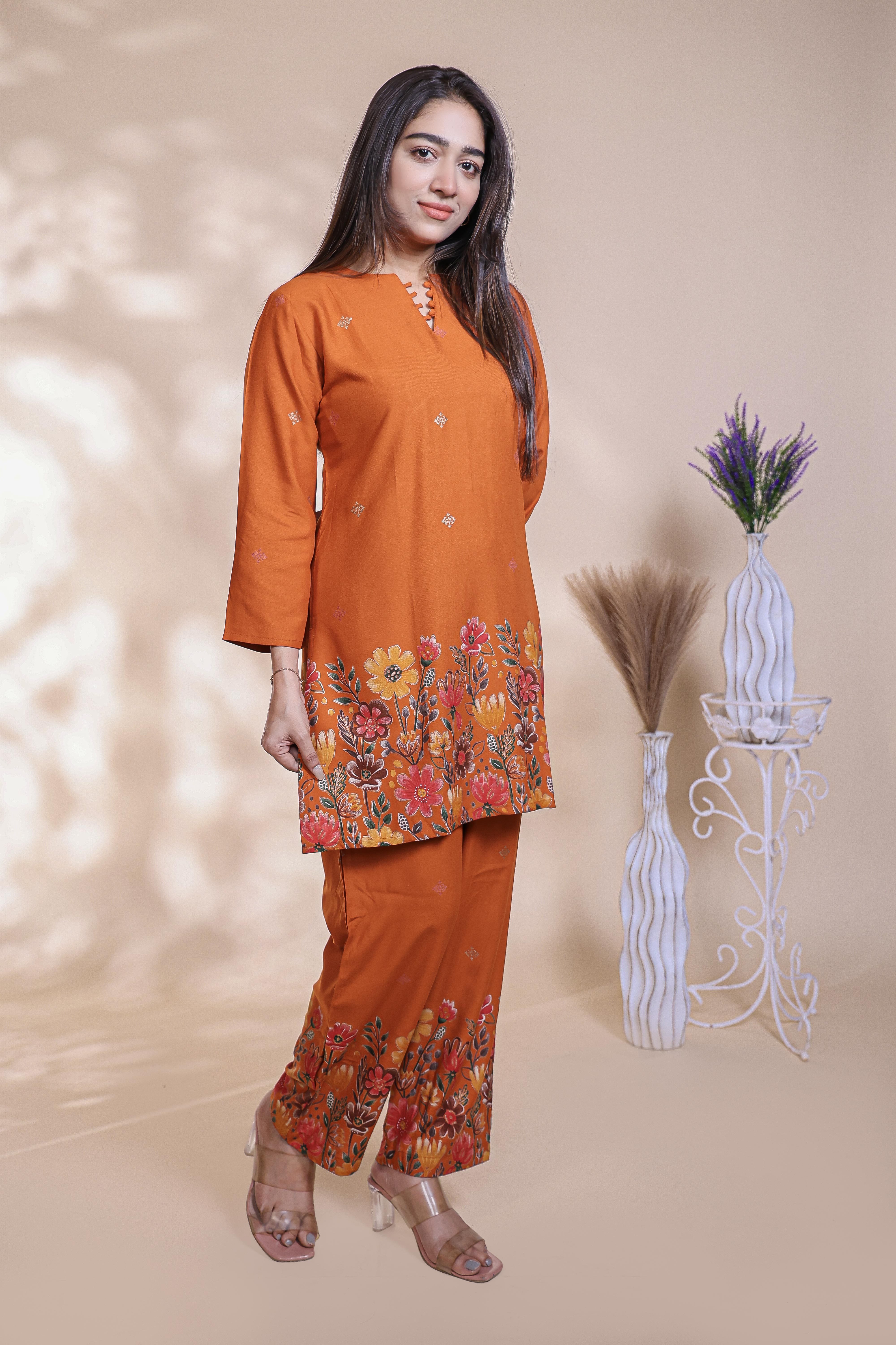 Rust Orange Straight Kurti with Matching Trousers Co-Ord Set