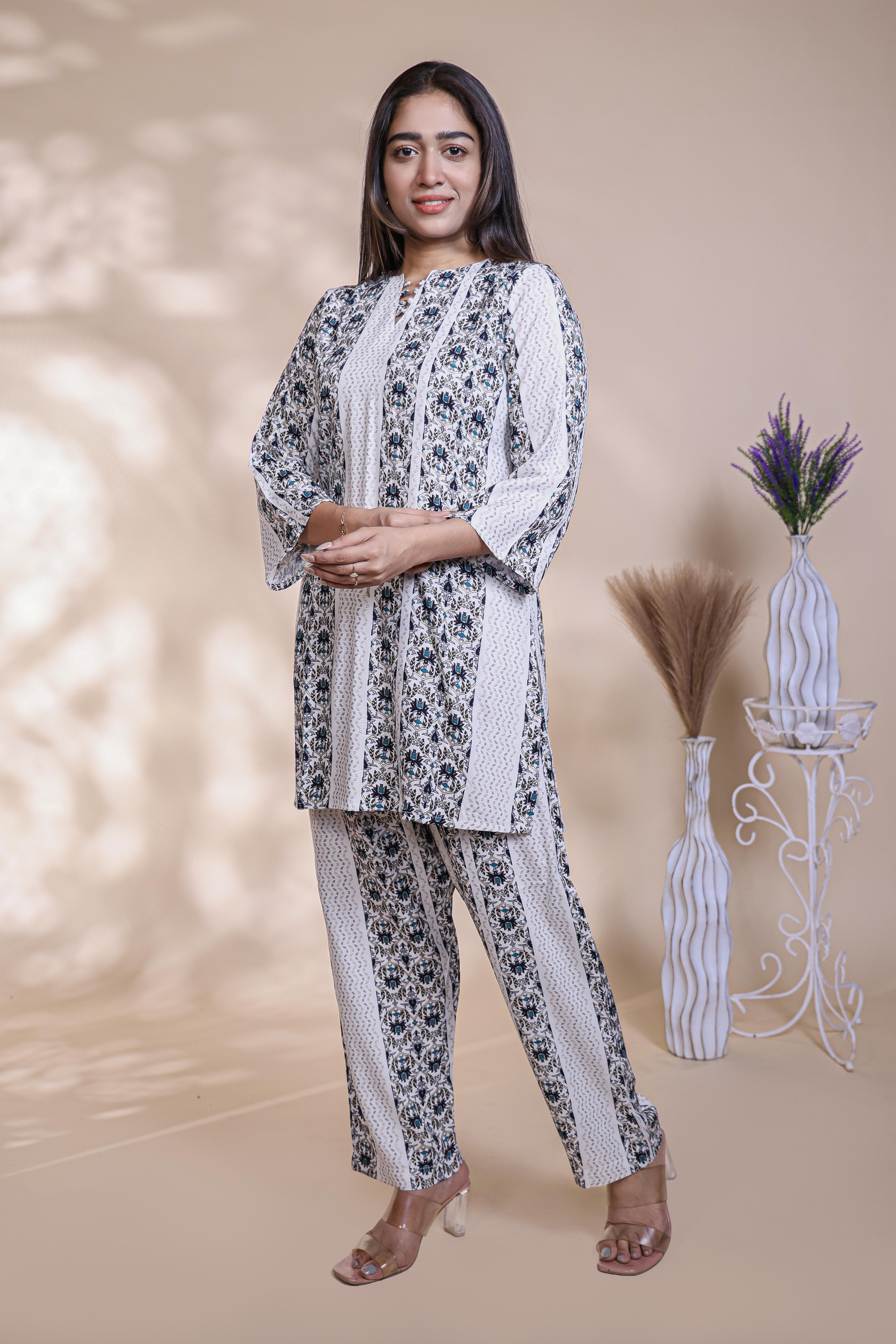 Hash grey floral design Straight Kurti with Matching Trousers Co-Ord Set
