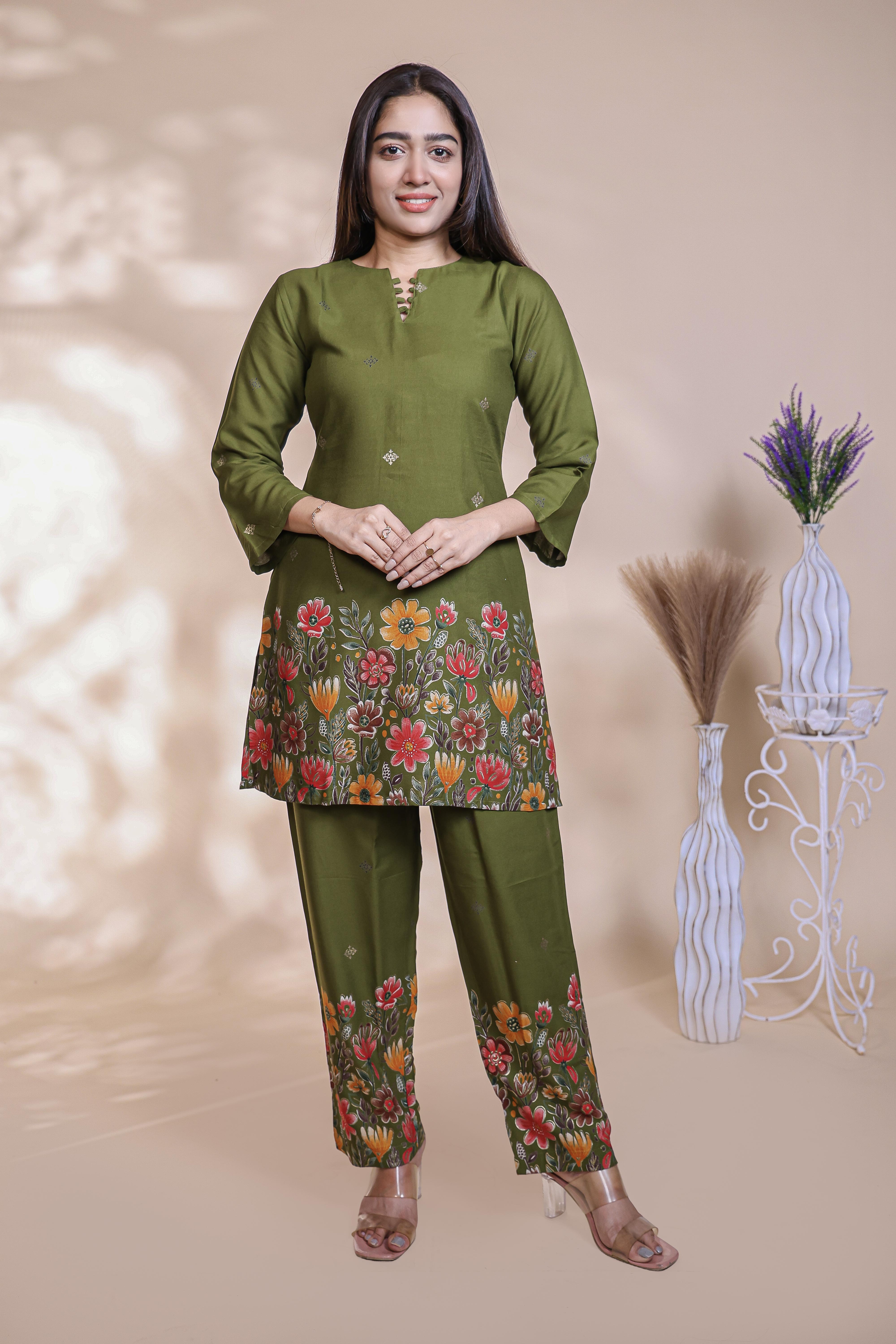 Olive green floral design Straight Kurti with Matching Trousers Co-Ord Set