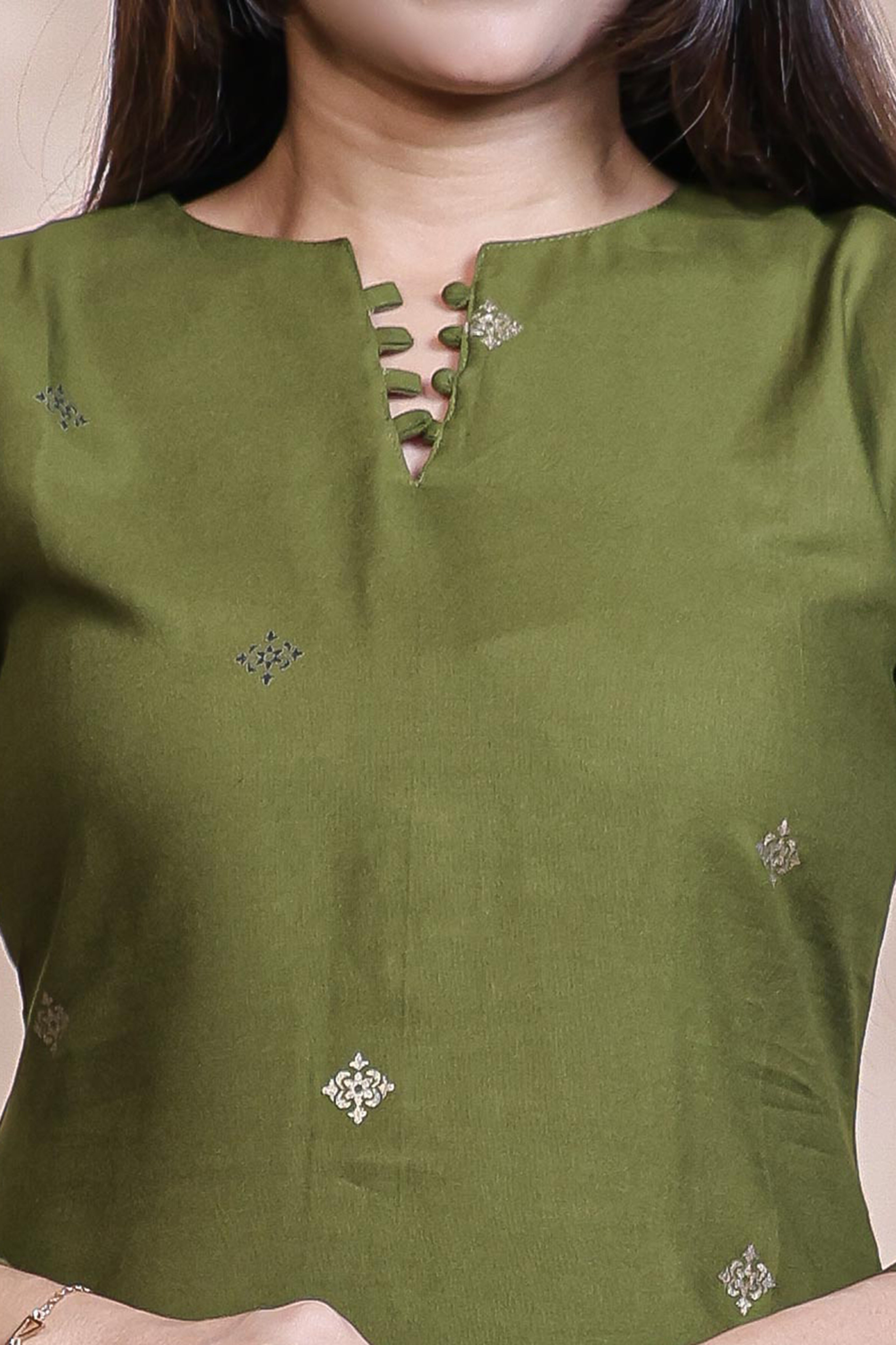 Olive green floral design Straight Kurti with Matching Trousers Co-Ord Set