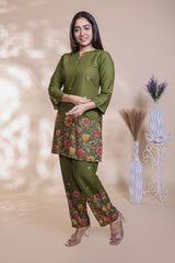 Olive green floral design Straight Kurti with Matching Trousers Co-Ord Set
