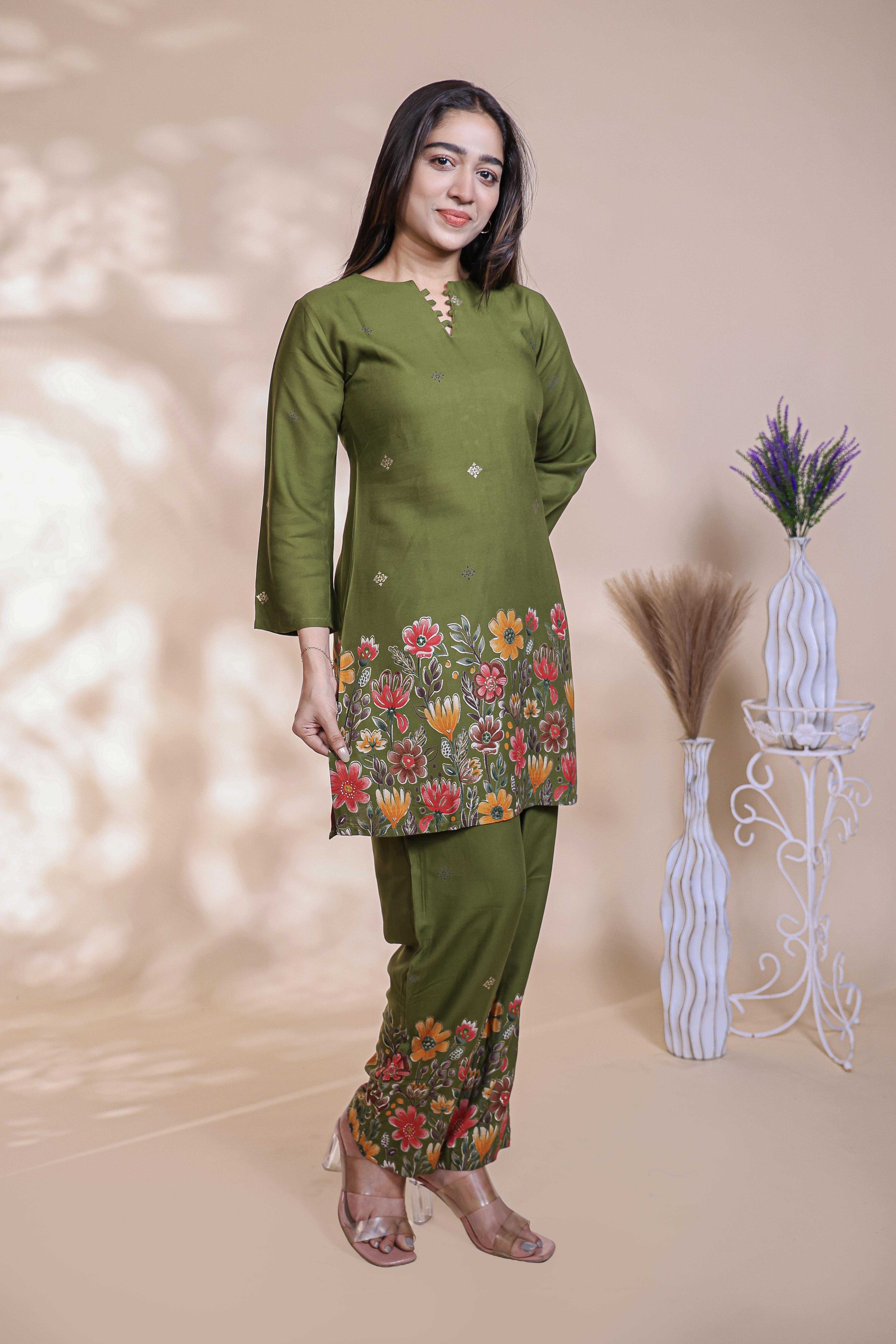 Olive green floral design Straight Kurti with Matching Trousers Co-Ord Set