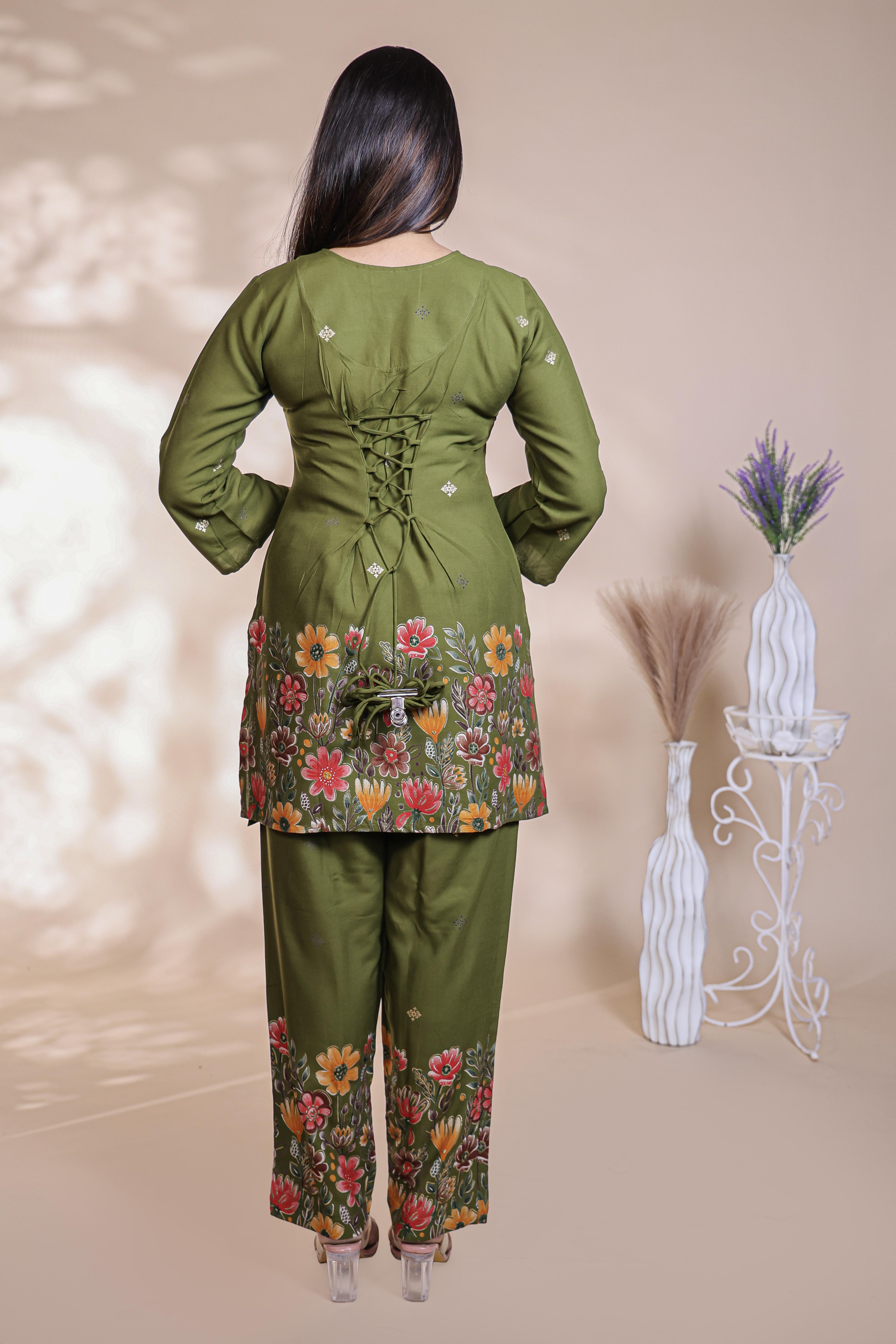 Olive green floral design Straight Kurti with Matching Trousers Co-Ord Set