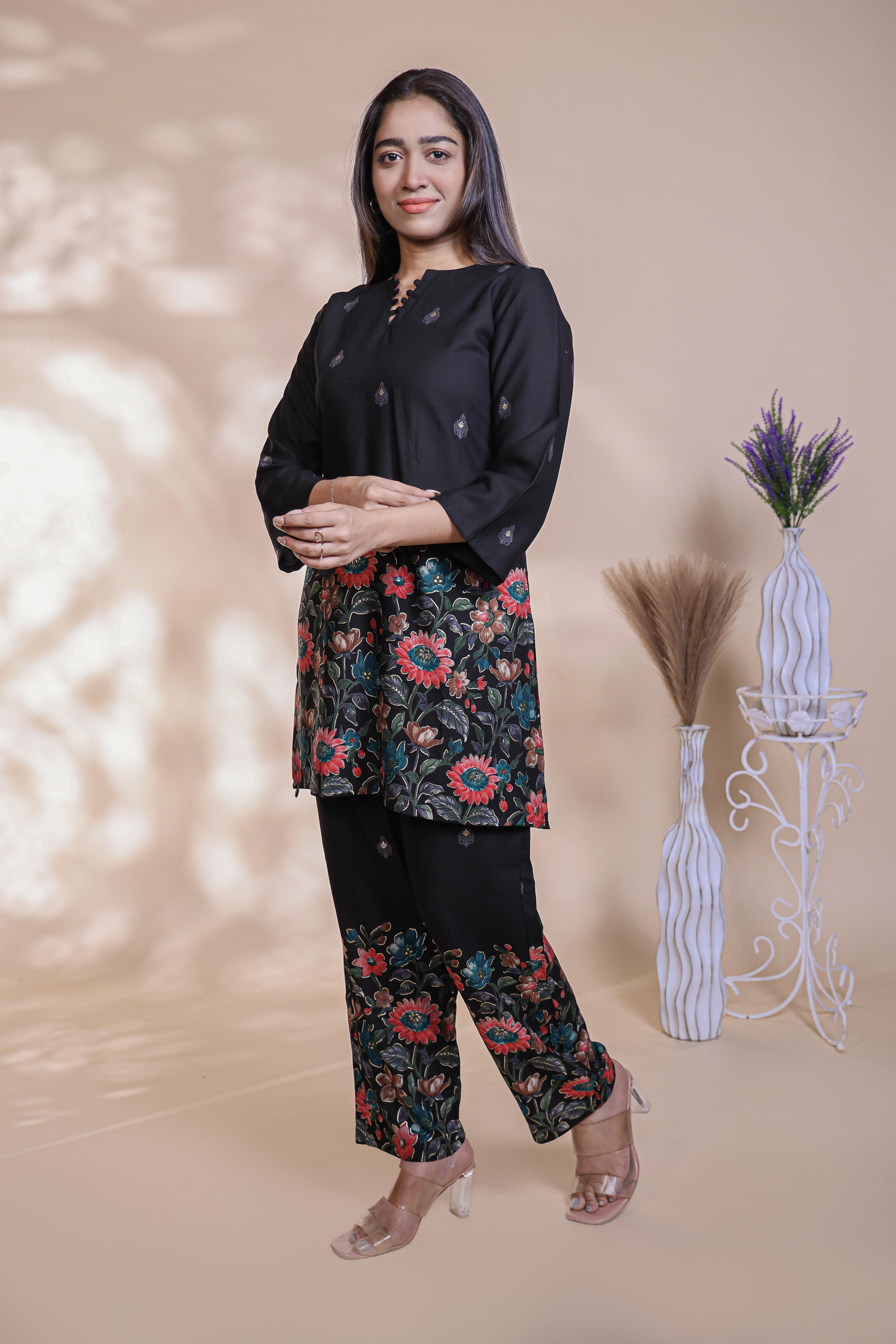 Black floral design Straight Kurti with Matching Trousers Co-Ord Set