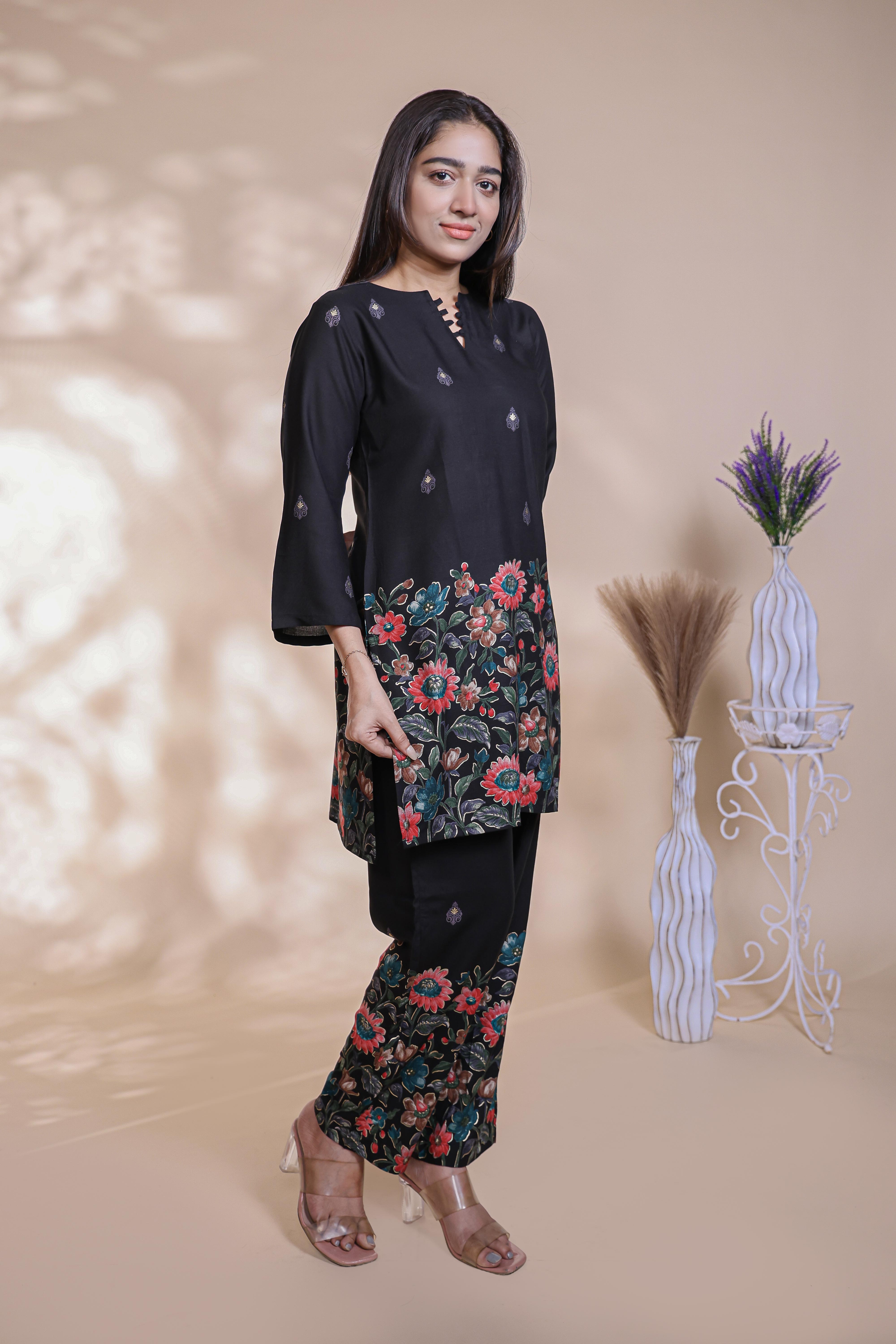 Black floral design Straight Kurti with Matching Trousers Co-Ord Set