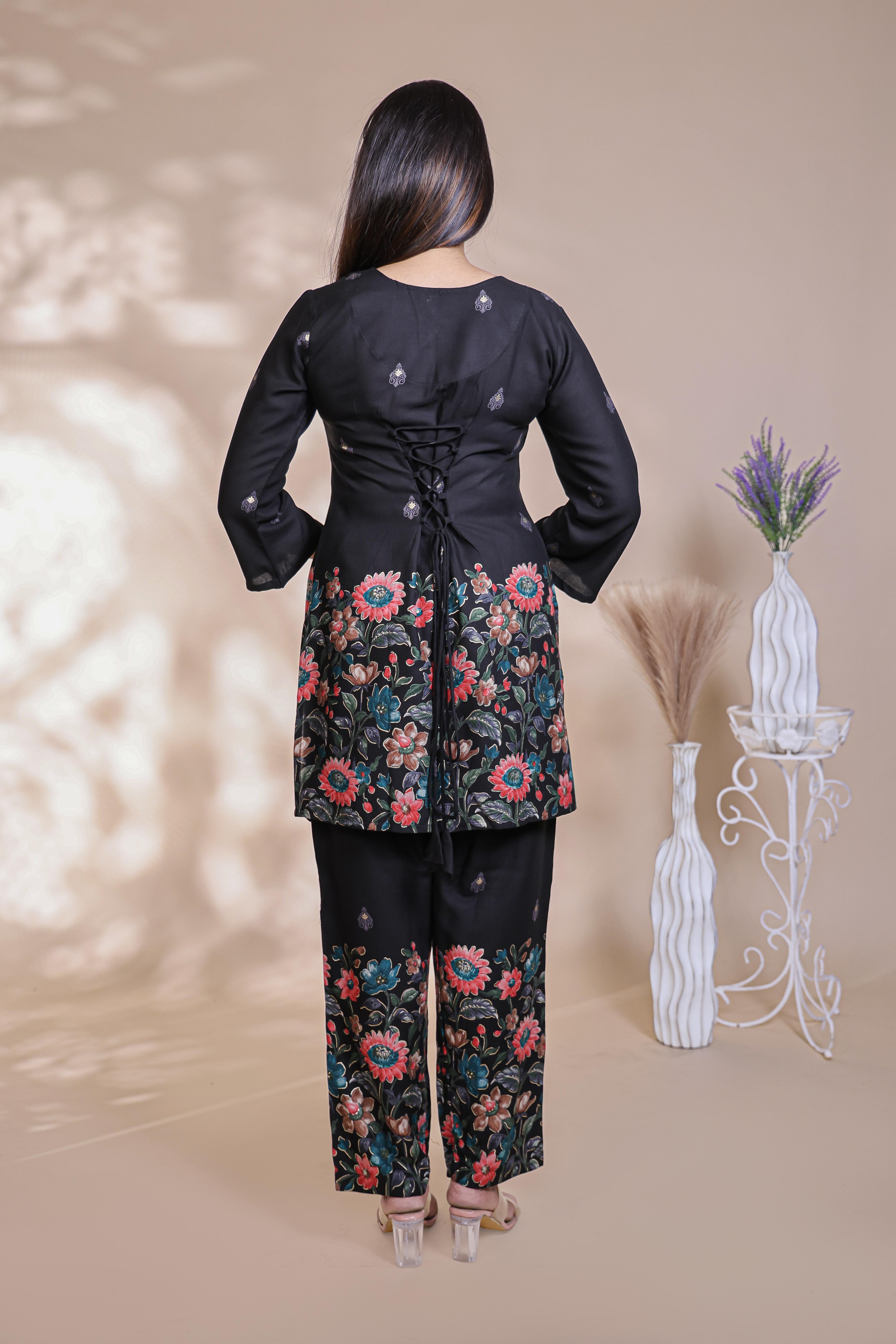 Black floral design Straight Kurti with Matching Trousers Co-Ord Set
