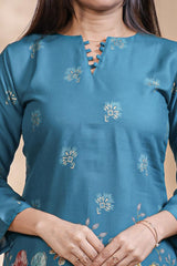 Teal blue floral design Straight Kurti with Matching Trousers Co-Ord Set