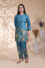 Teal blue floral design Straight Kurti with Matching Trousers Co-Ord Set