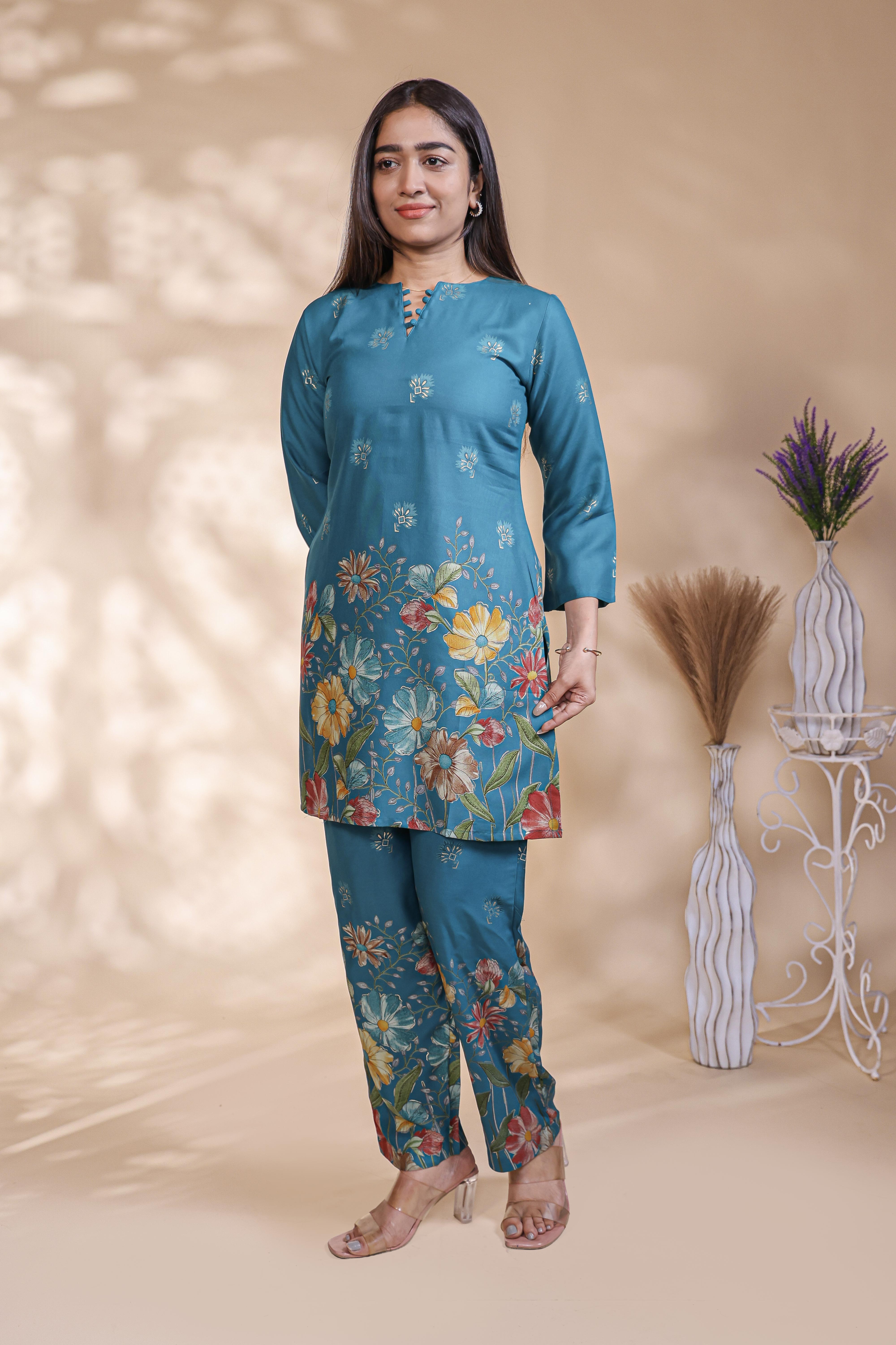 Teal blue floral design Straight Kurti with Matching Trousers Co-Ord Set