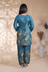 Teal blue floral design Straight Kurti with Matching Trousers Co-Ord Set
