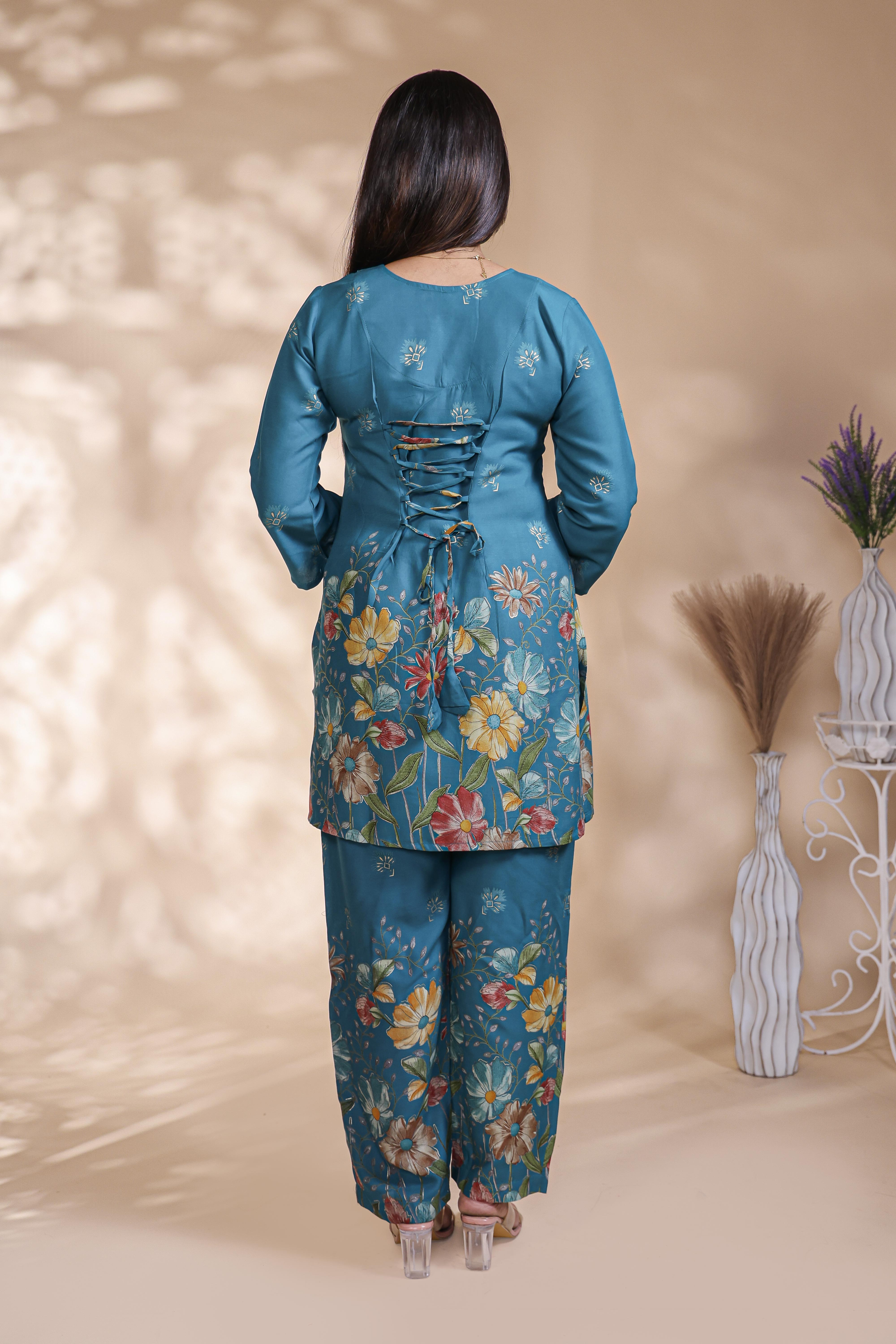 Teal blue floral design Straight Kurti with Matching Trousers Co-Ord Set