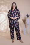 Royal blue floral design Straight Kurti with Matching Trousers Co-Ord Set