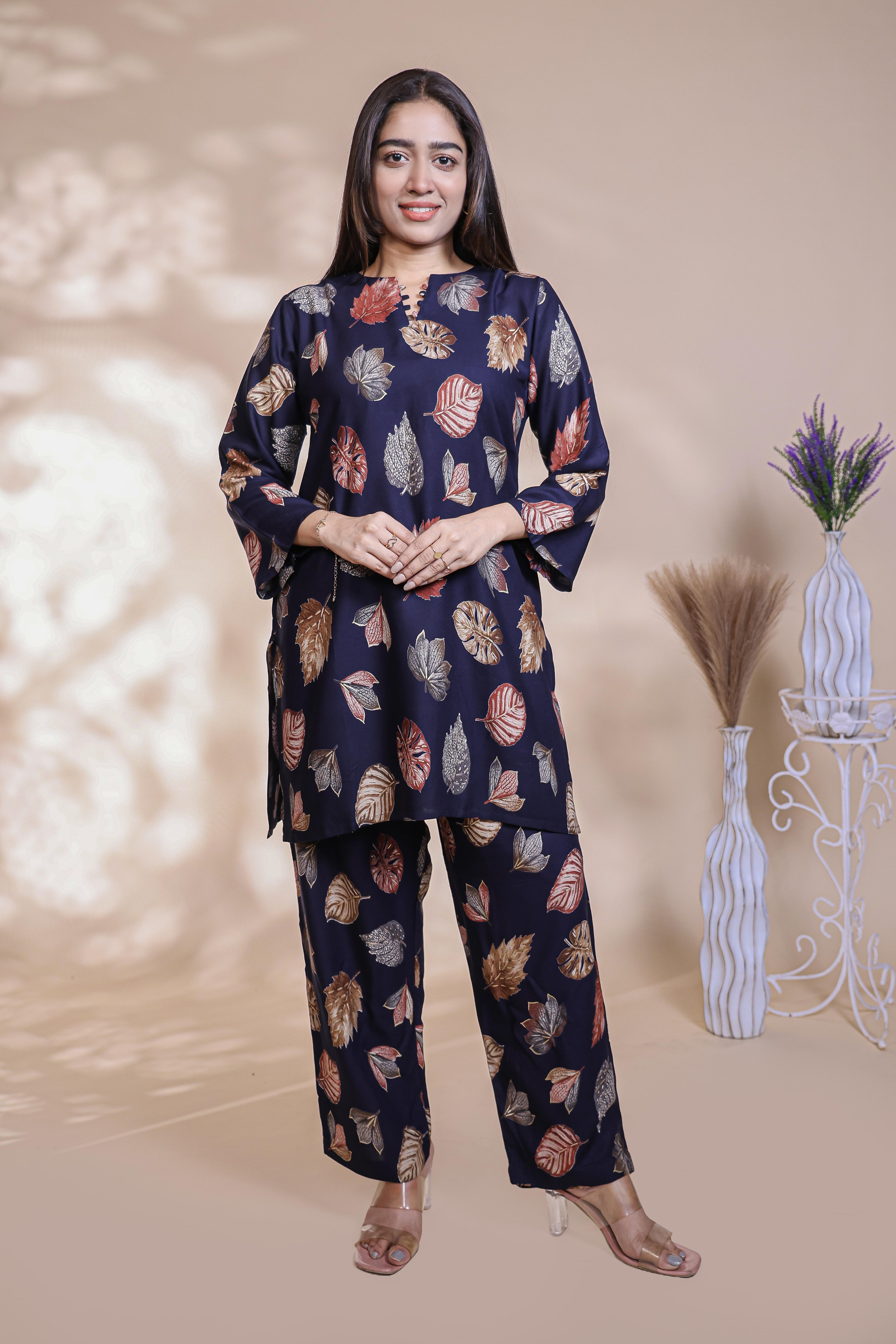 Royal blue floral design Straight Kurti with Matching Trousers Co-Ord Set