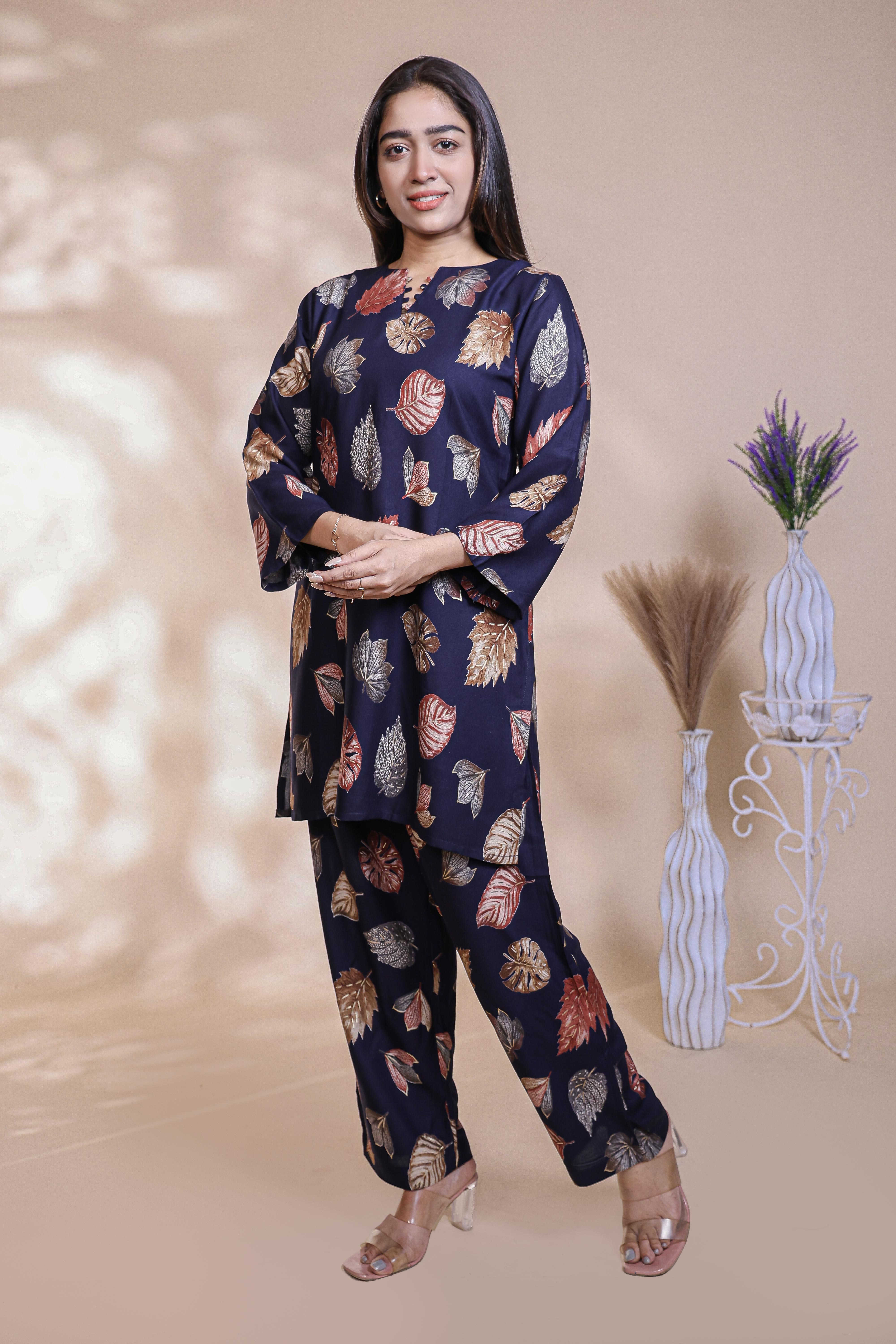 Royal blue floral design Straight Kurti with Matching Trousers Co-Ord Set