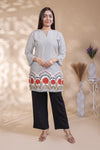 Grey floral design Straight Kurti with contrast Trousers Co-Ord Set