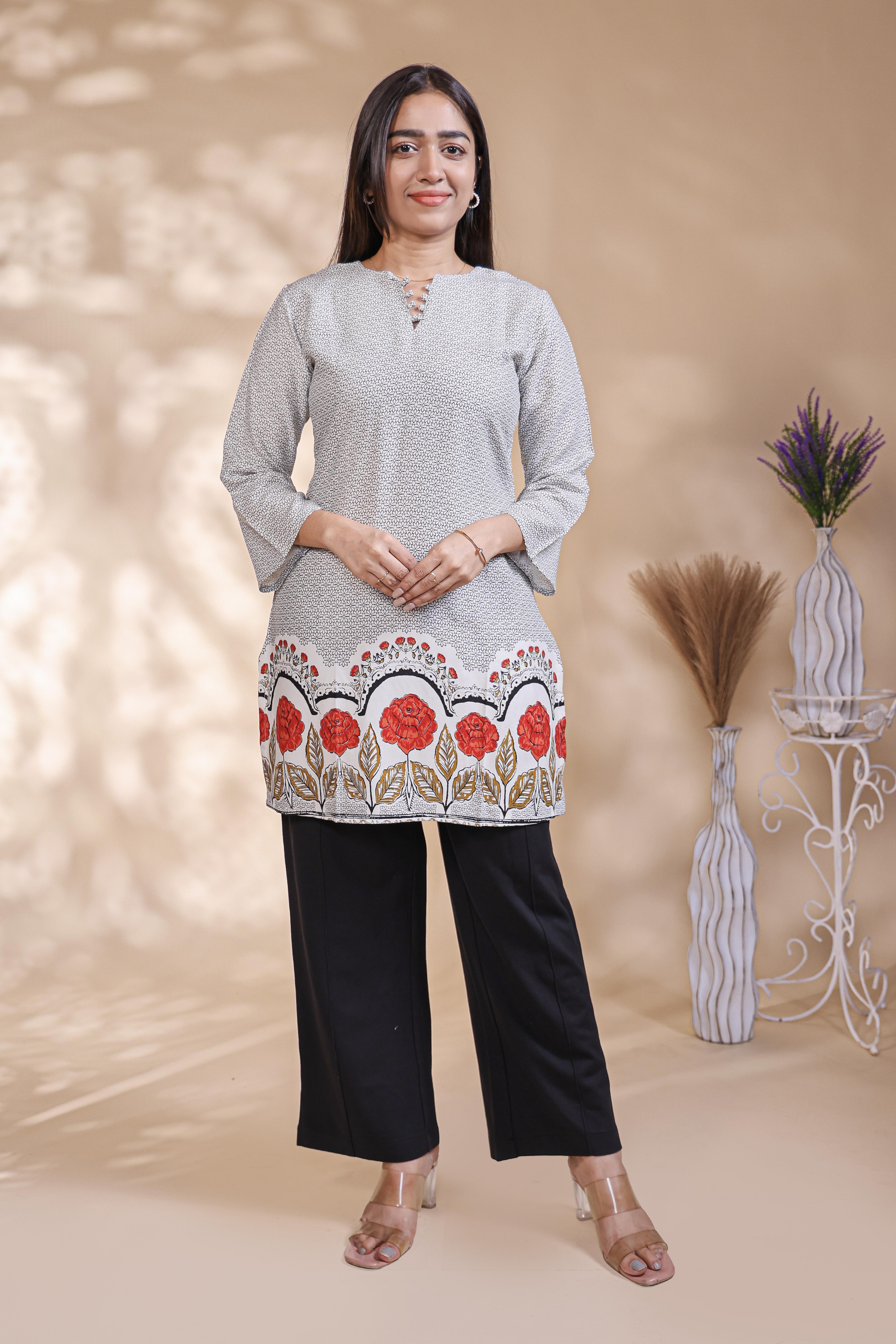 Grey floral design Straight Kurti with contrast Trousers Co-Ord Set