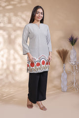 Grey floral design Straight Kurti with contrast Trousers Co-Ord Set