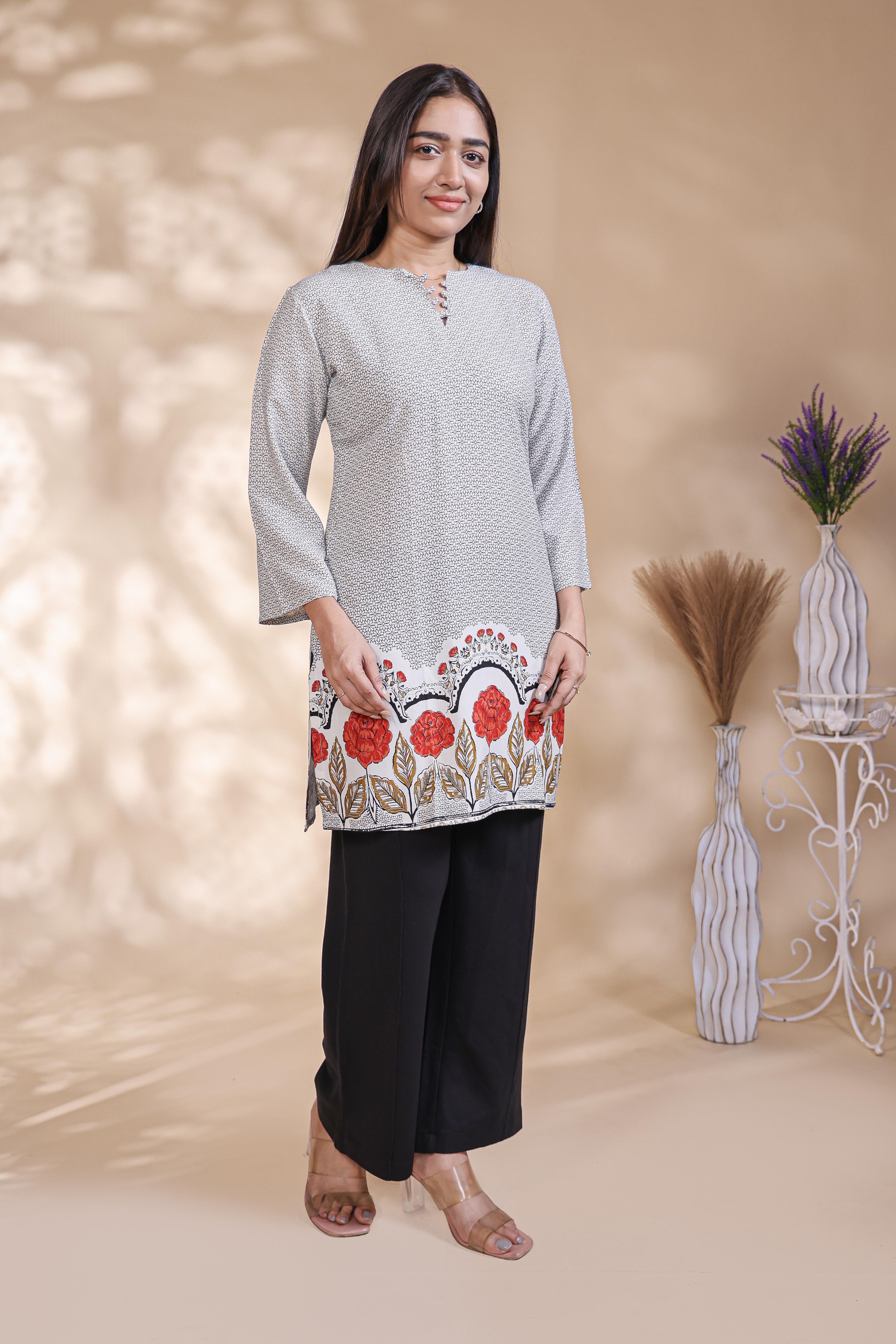 Grey floral design Straight Kurti with contrast Trousers Co-Ord Set