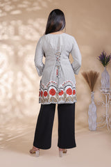 Grey floral design Straight Kurti with contrast Trousers Co-Ord Set