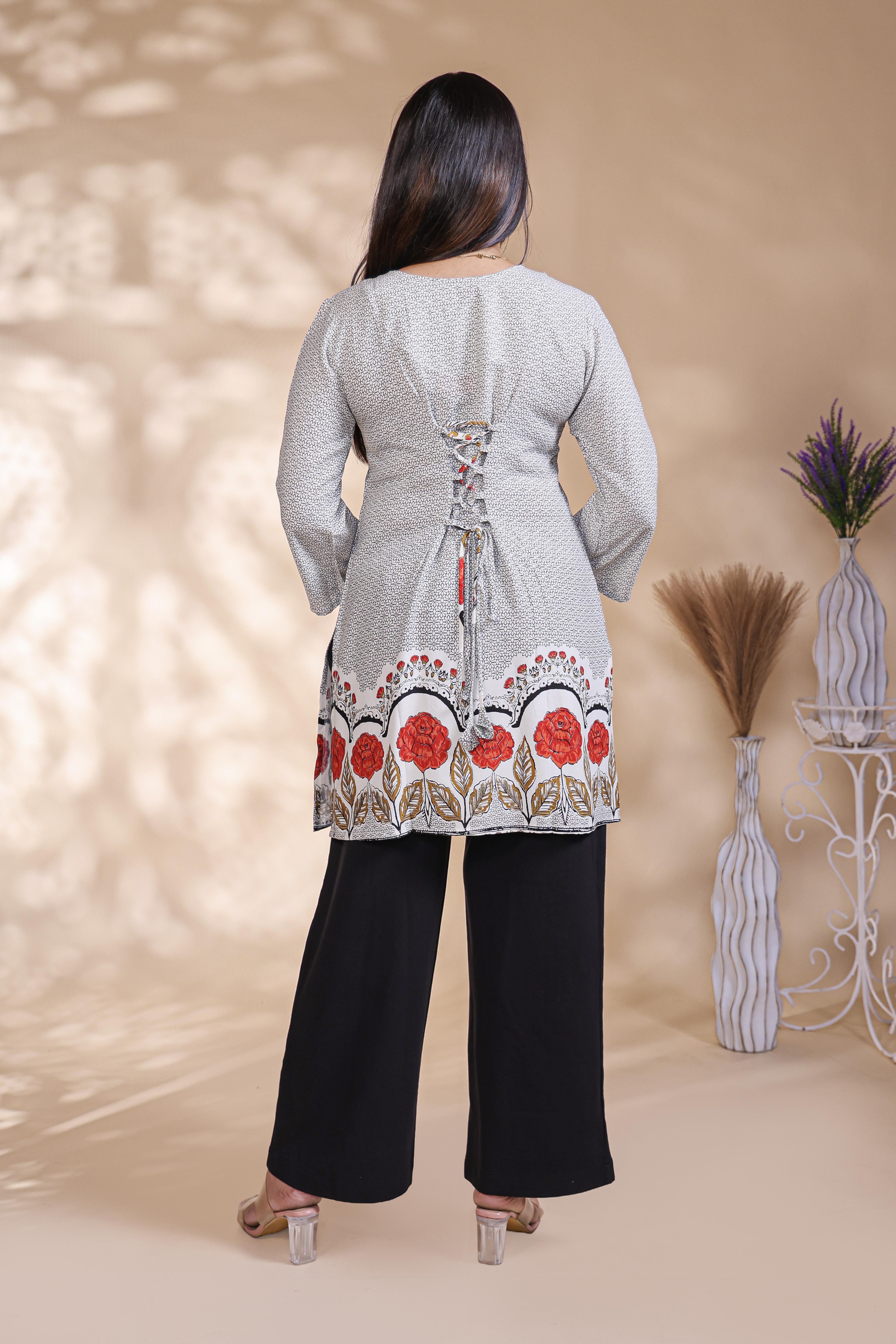 Grey floral design Straight Kurti with contrast Trousers Co-Ord Set