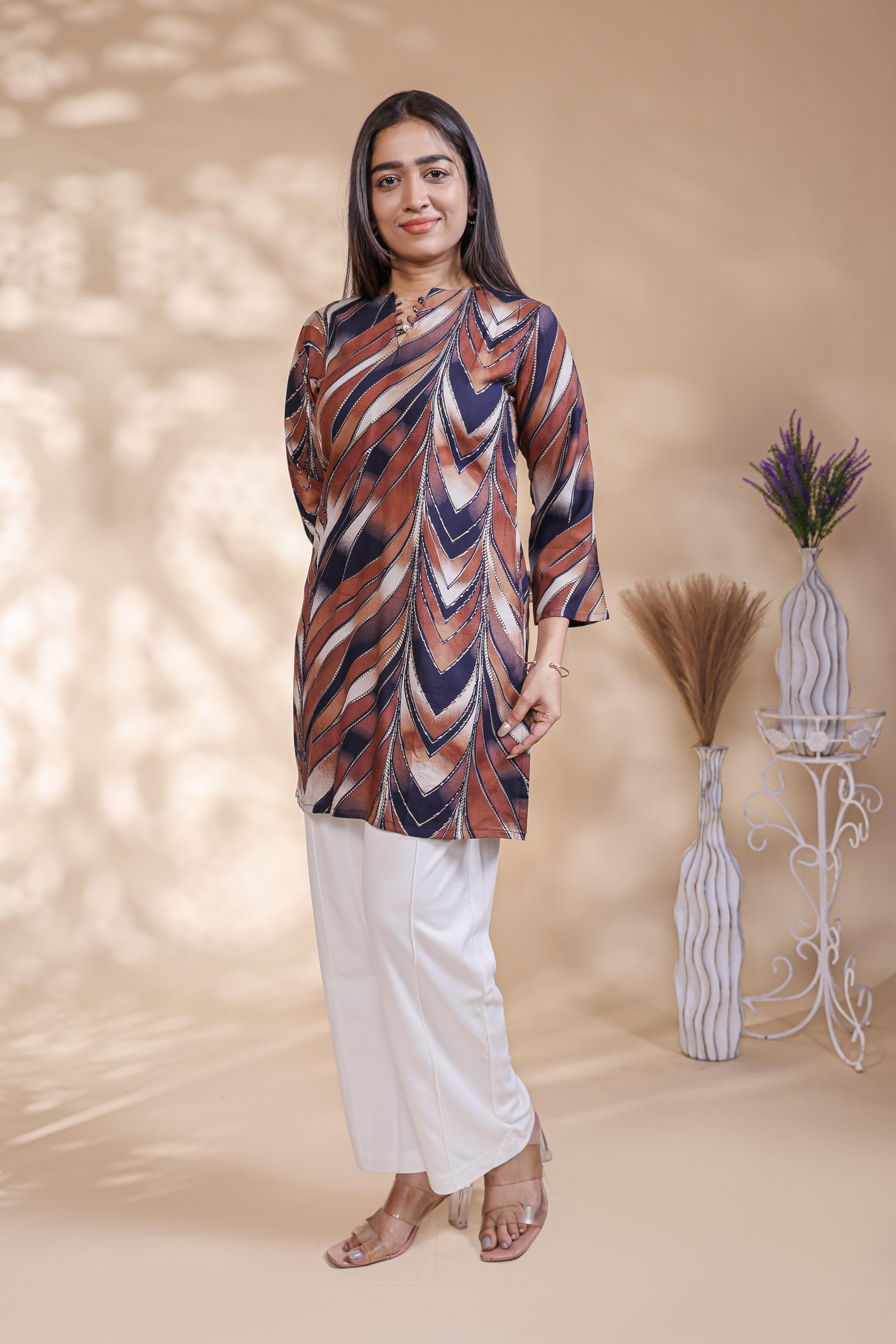 Multi color abstract print Straight Kurti with contrast Trousers Co-Ord Set