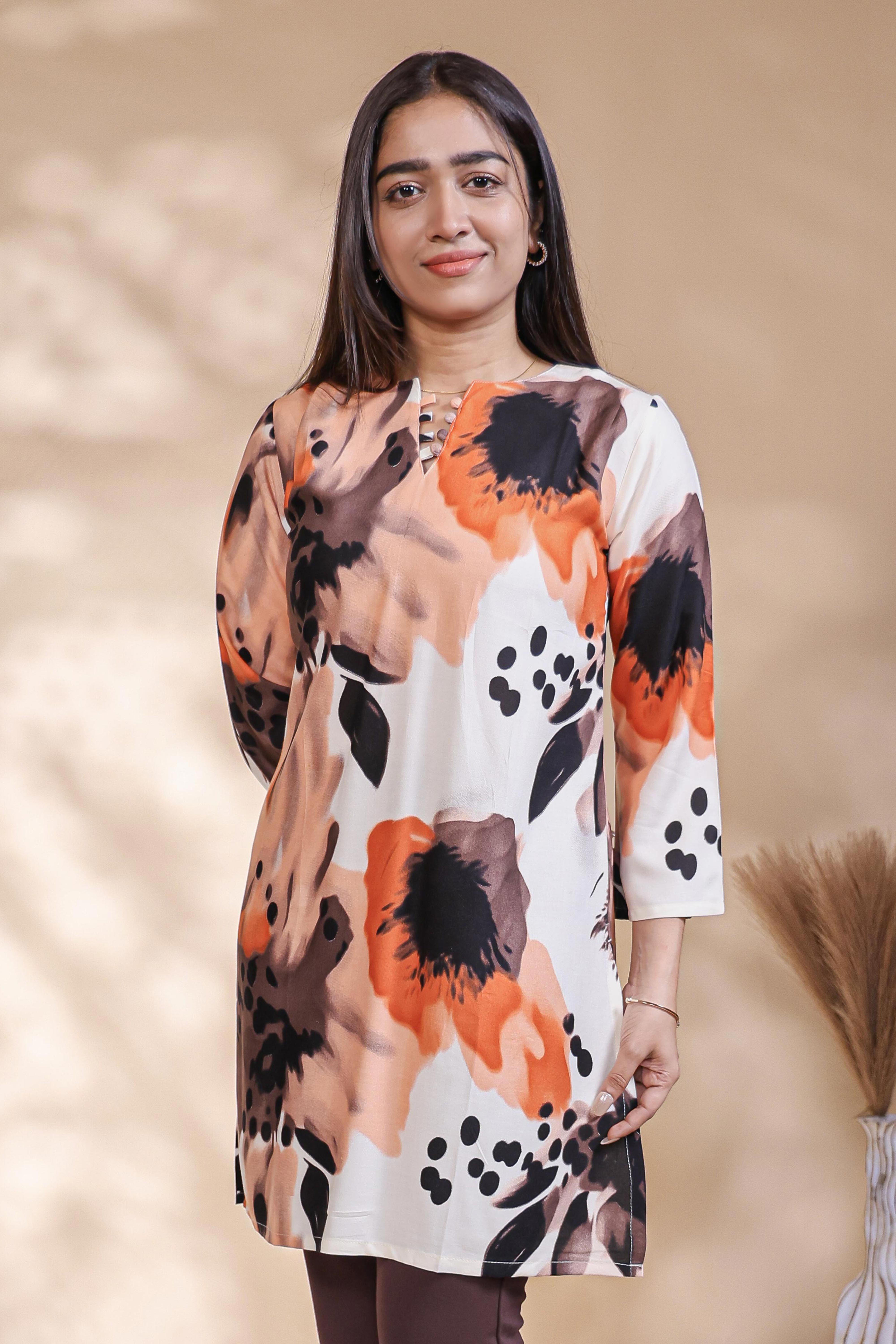 Multi color abstract print Straight Kurti with contrast Trousers Co-Ord Set