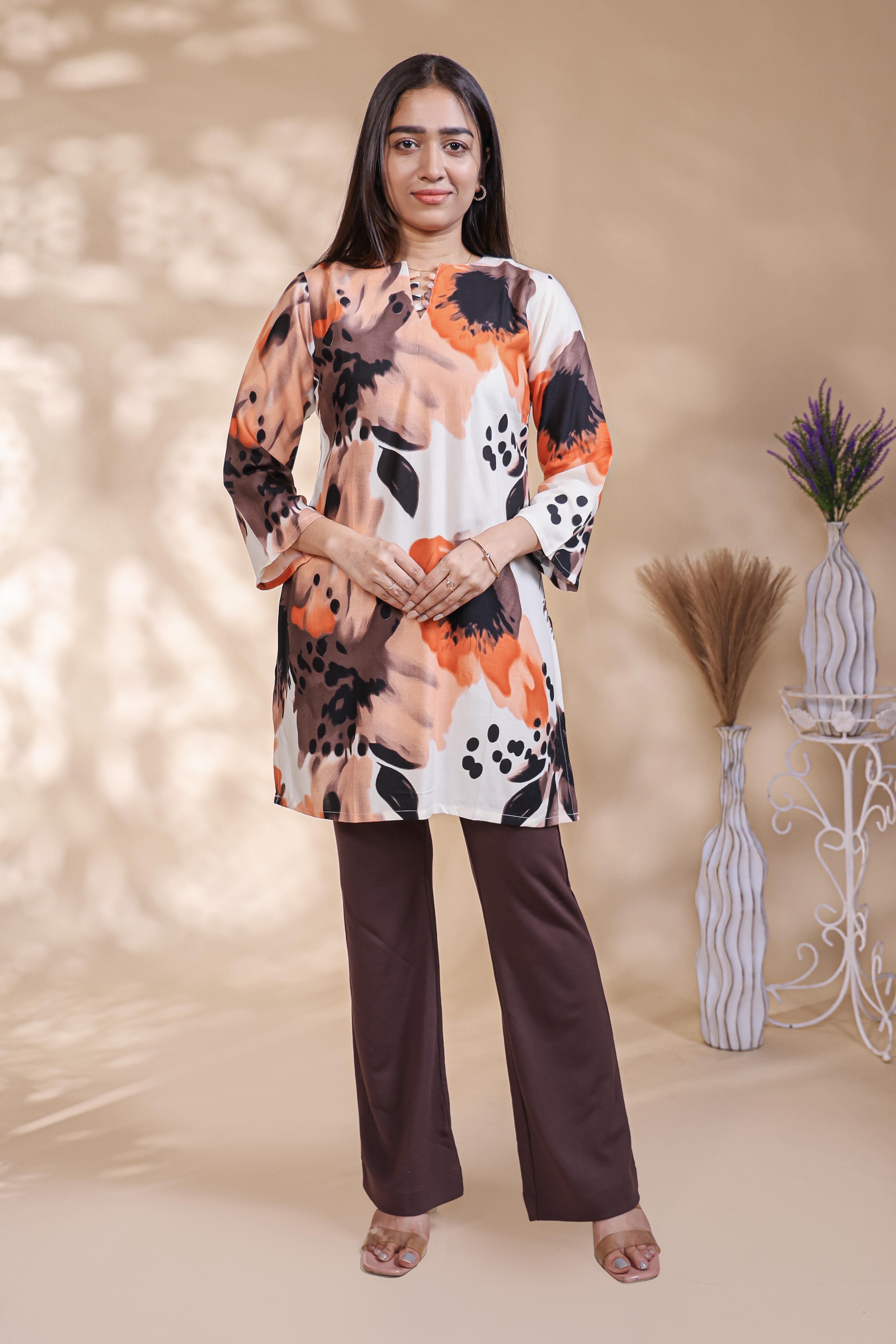 Multi color abstract print Straight Kurti with contrast Trousers Co-Ord Set