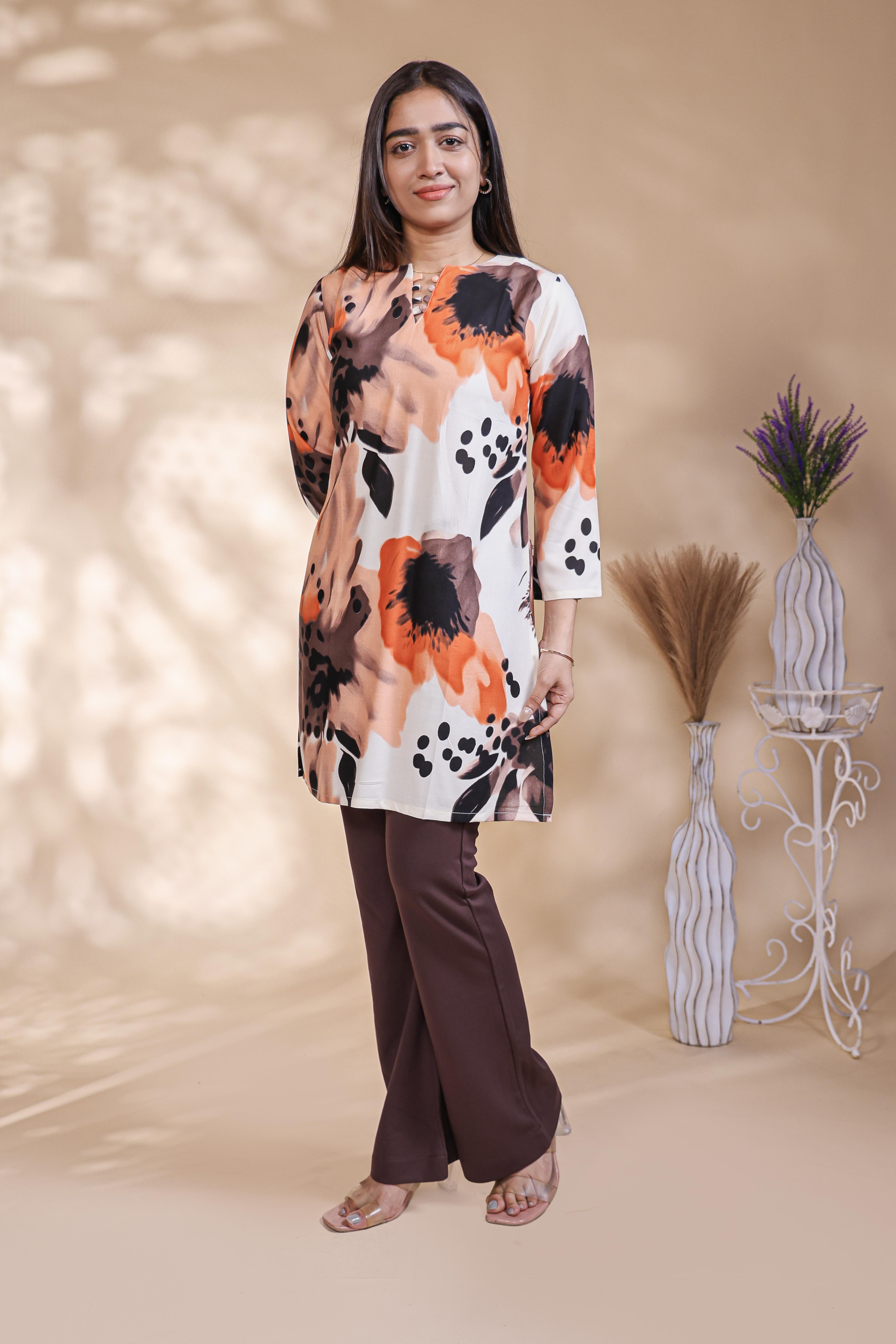 Multi color abstract print Straight Kurti with contrast Trousers Co-Ord Set