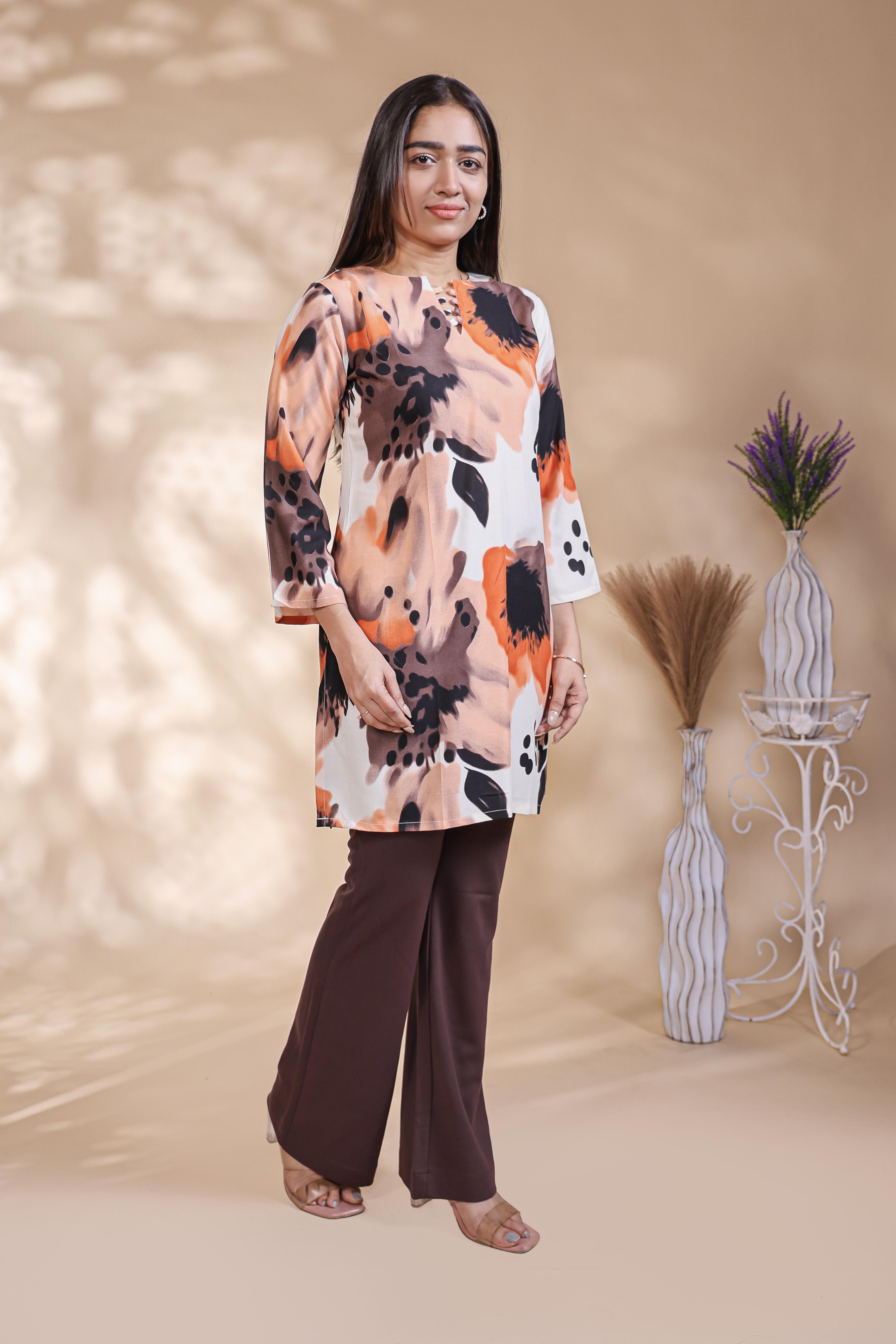 Multi color abstract print Straight Kurti with contrast Trousers Co-Ord Set