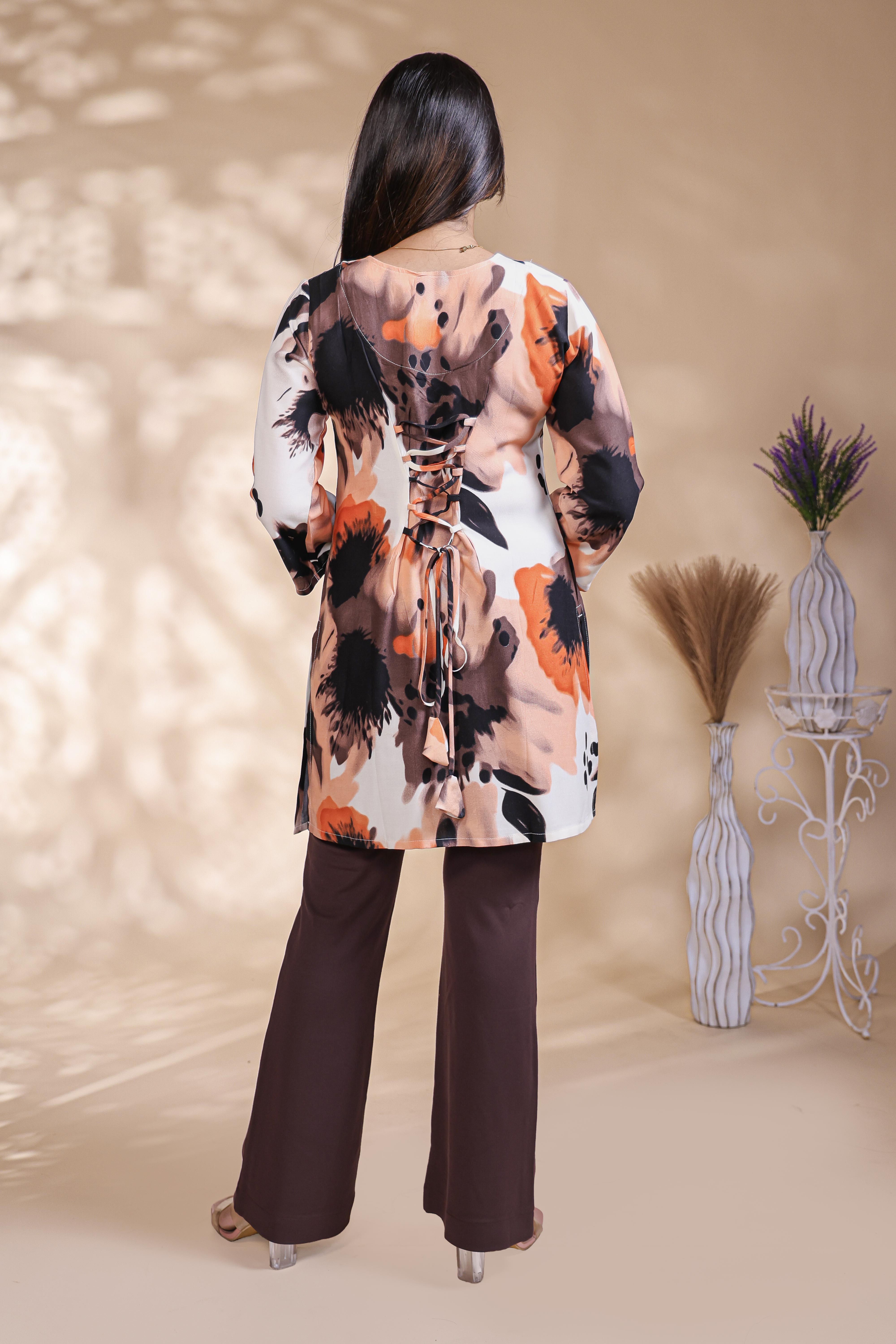 Multi color abstract print Straight Kurti with contrast Trousers Co-Ord Set