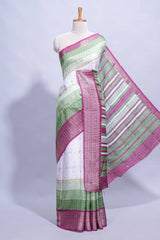 White and green Dola Silk Saree with rich zari border woven butis and a designer pallu along with contrast blouse