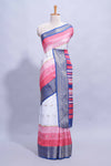 White and pink Dola Silk Saree with rich zari border woven butis and a designer pallu along with contrast blouse