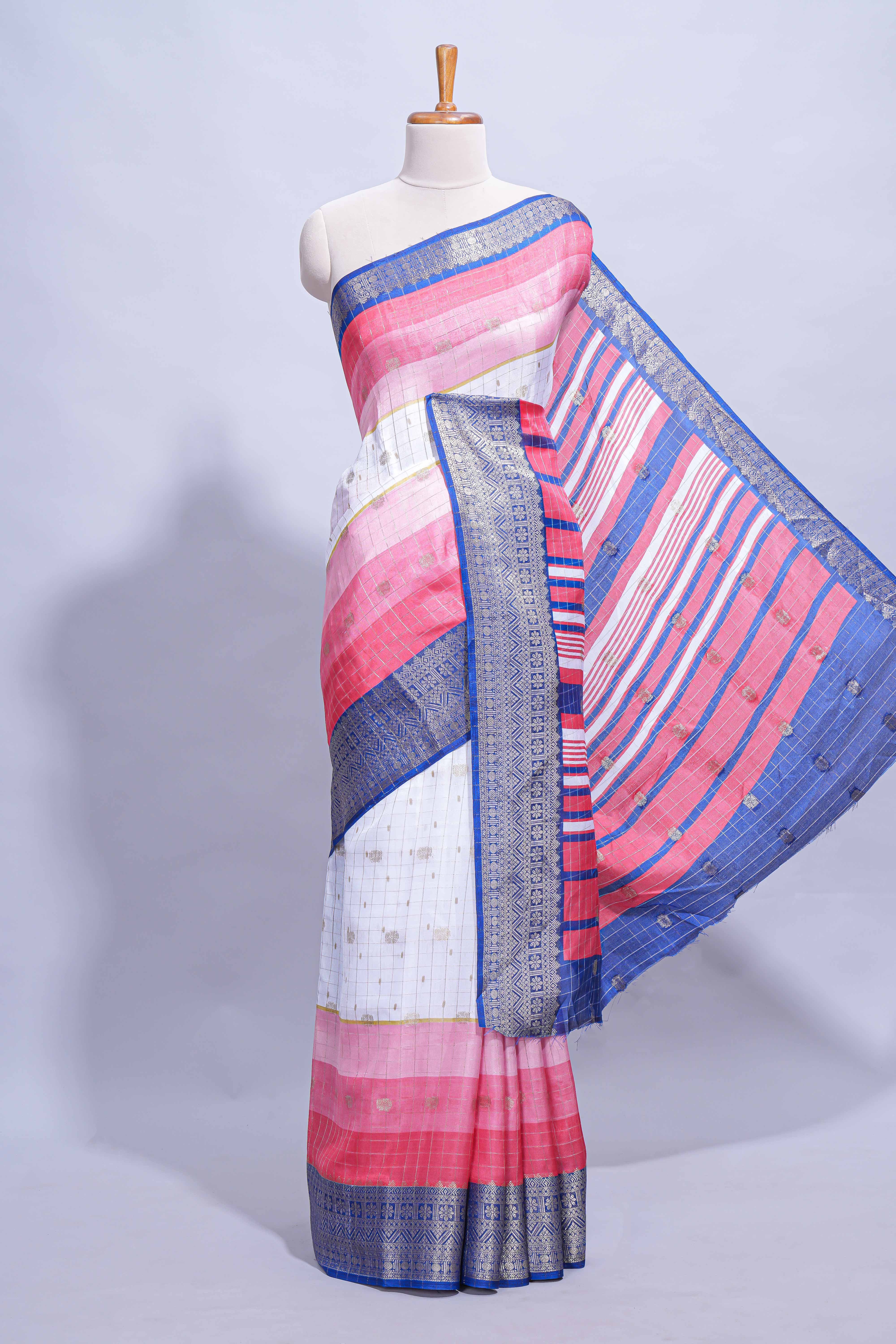 White and pink Dola Silk Saree with rich zari border woven butis and a designer pallu along with contrast blouse