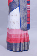 White and pink Dola Silk Saree with rich zari border woven butis and a designer pallu along with contrast blouse