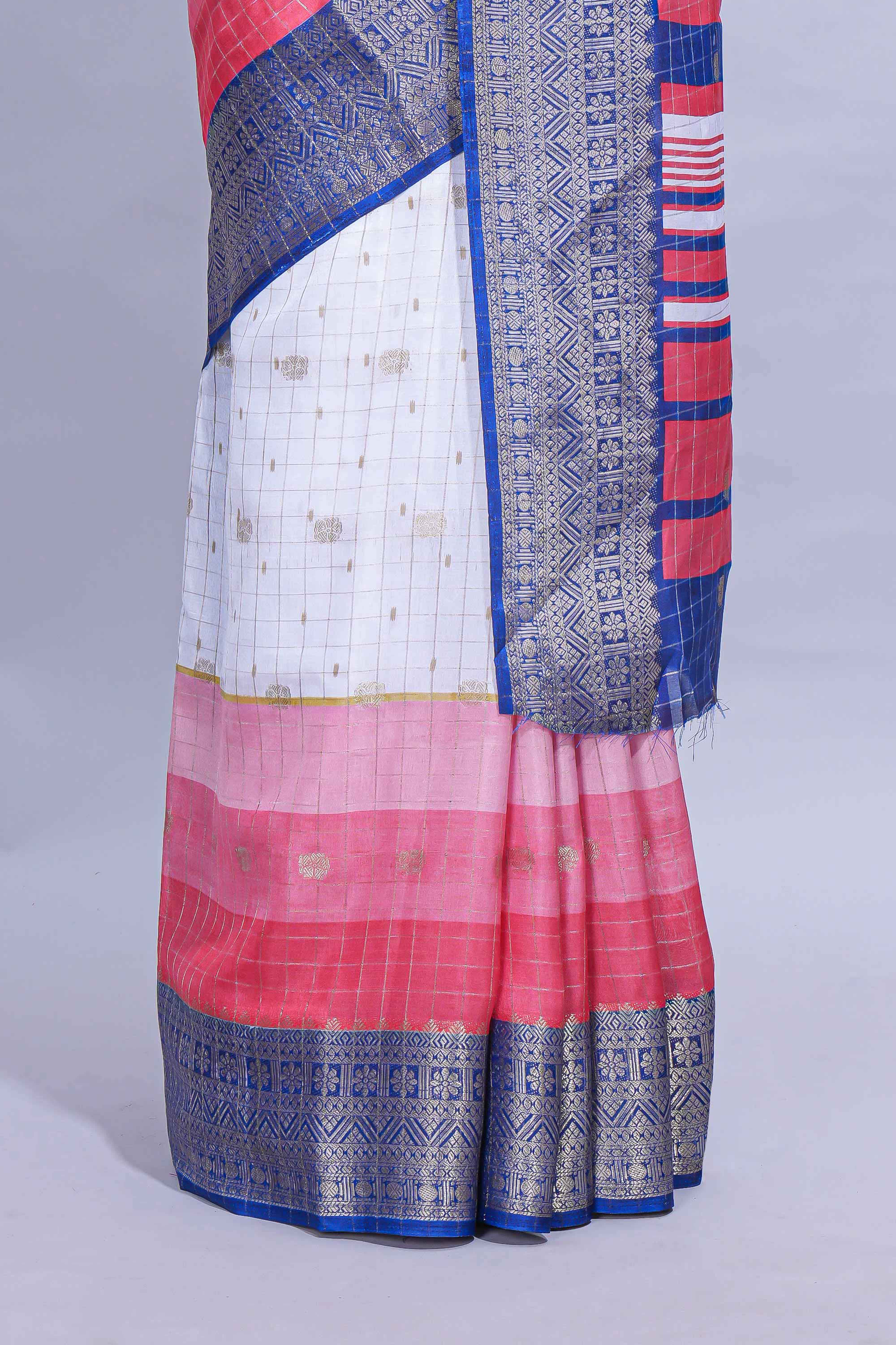 White and pink Dola Silk Saree with rich zari border woven butis and a designer pallu along with contrast blouse