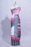 White and violet Dola Silk Saree with rich zari border woven butis and a designer pallu along with contrast blouse