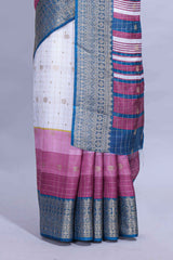 White and violet Dola Silk Saree with rich zari border woven butis and a designer pallu along with contrast blouse