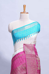 White Dola Silk Saree with aqua blue and magenta zari borders elegant woven checks and a rich designer pallu along with contrast blouse