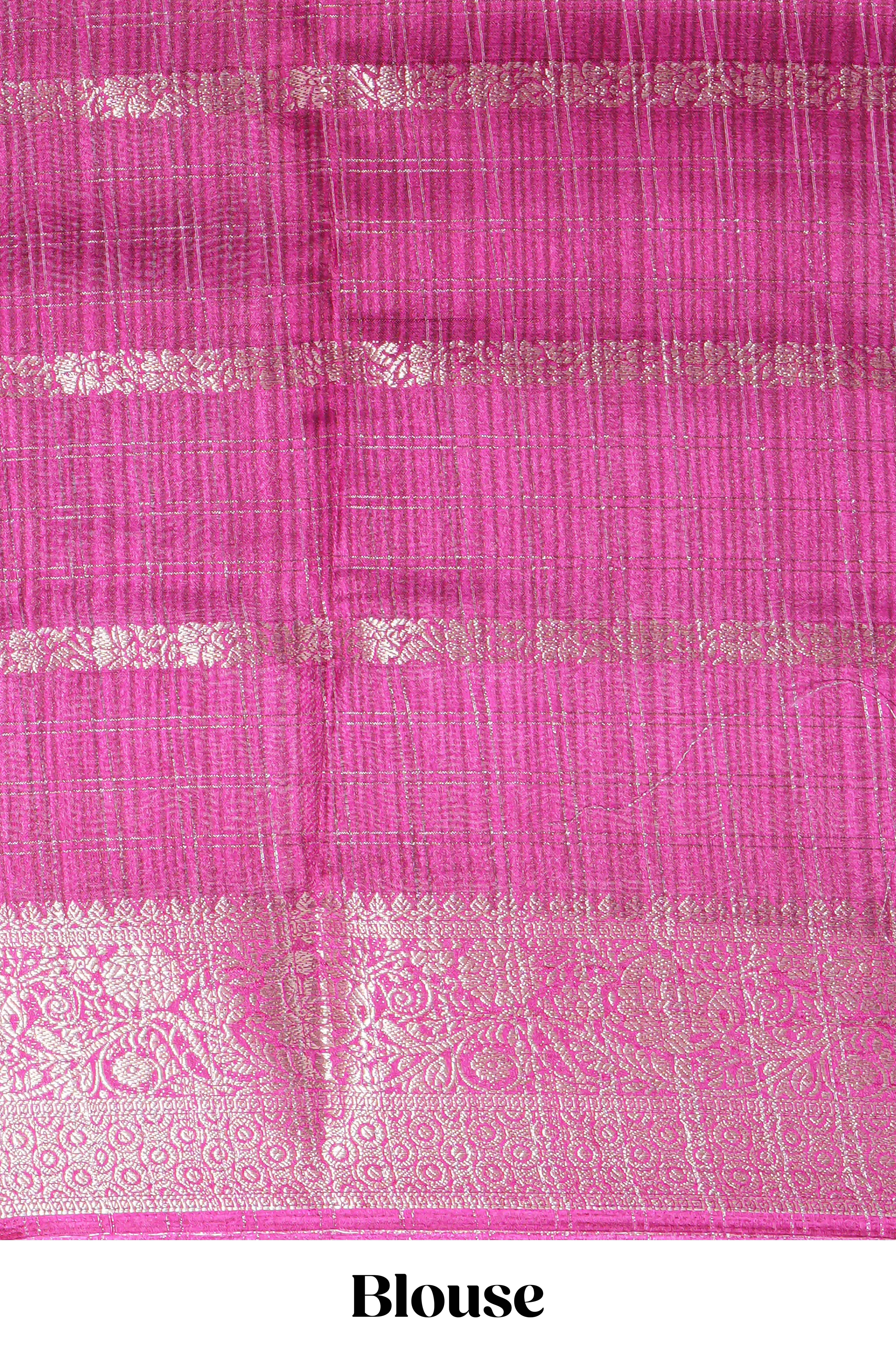 White Dola Silk Saree with aqua blue and magenta zari borders elegant woven checks and a rich designer pallu along with contrast blouse