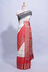 White Dola Silk Saree with red and black zari borders elegant woven checks and a rich designer pallu along with contrast blouse