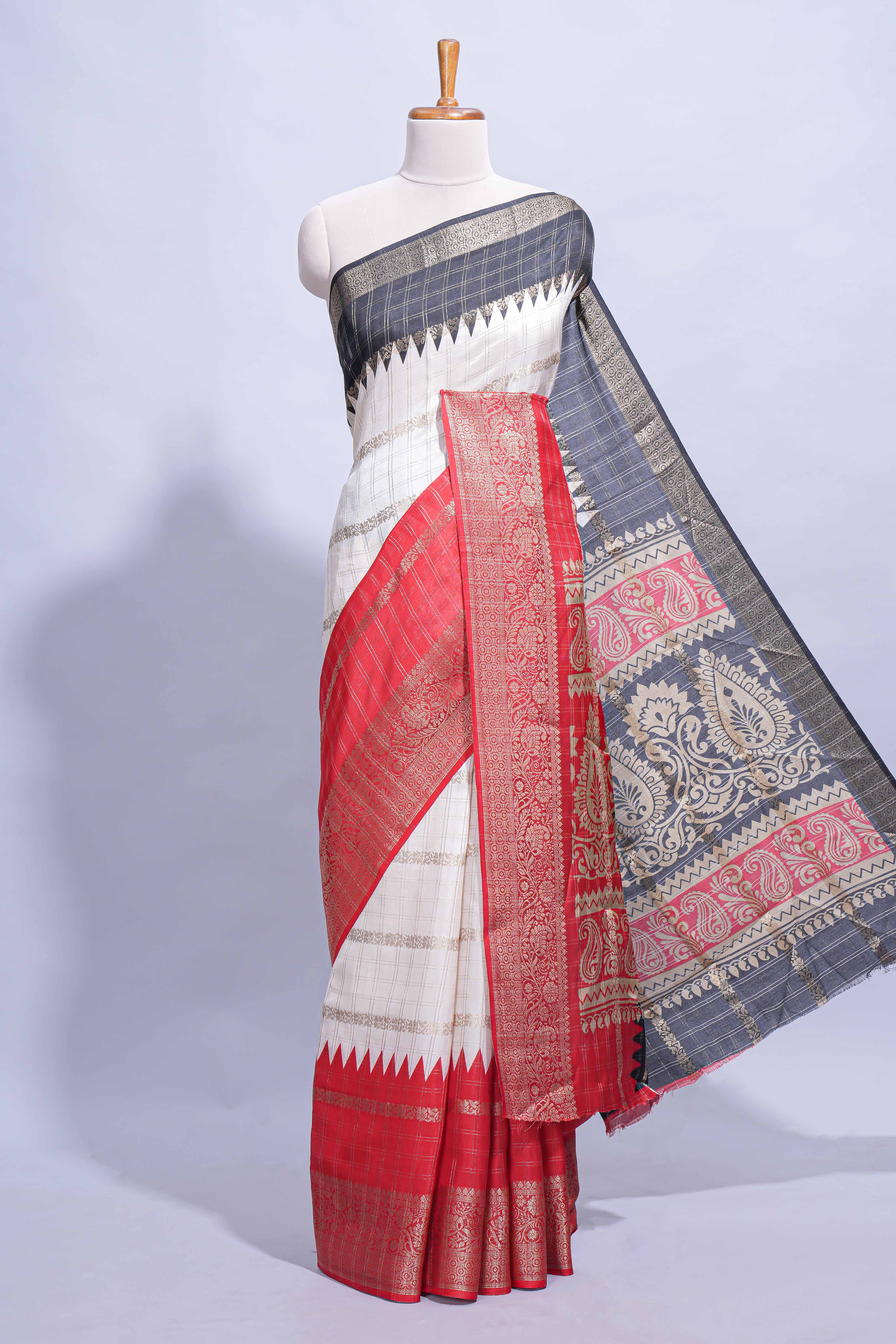 White Dola Silk Saree with red and black zari borders elegant woven checks and a rich designer pallu along with contrast blouse