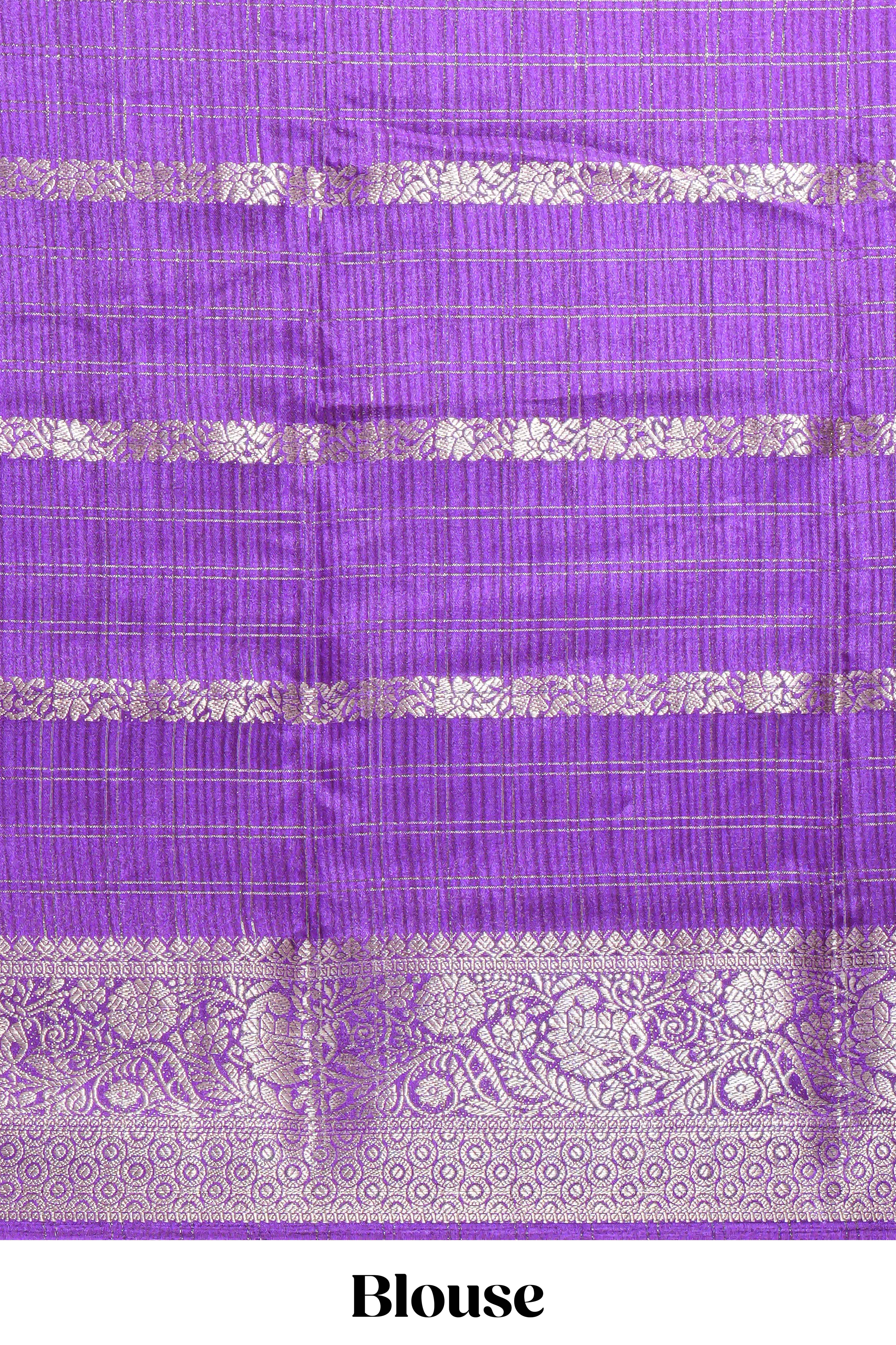 White Dola Silk Saree with violet and green zari borders elegant woven checks and a rich designer pallu along with contrast blouse