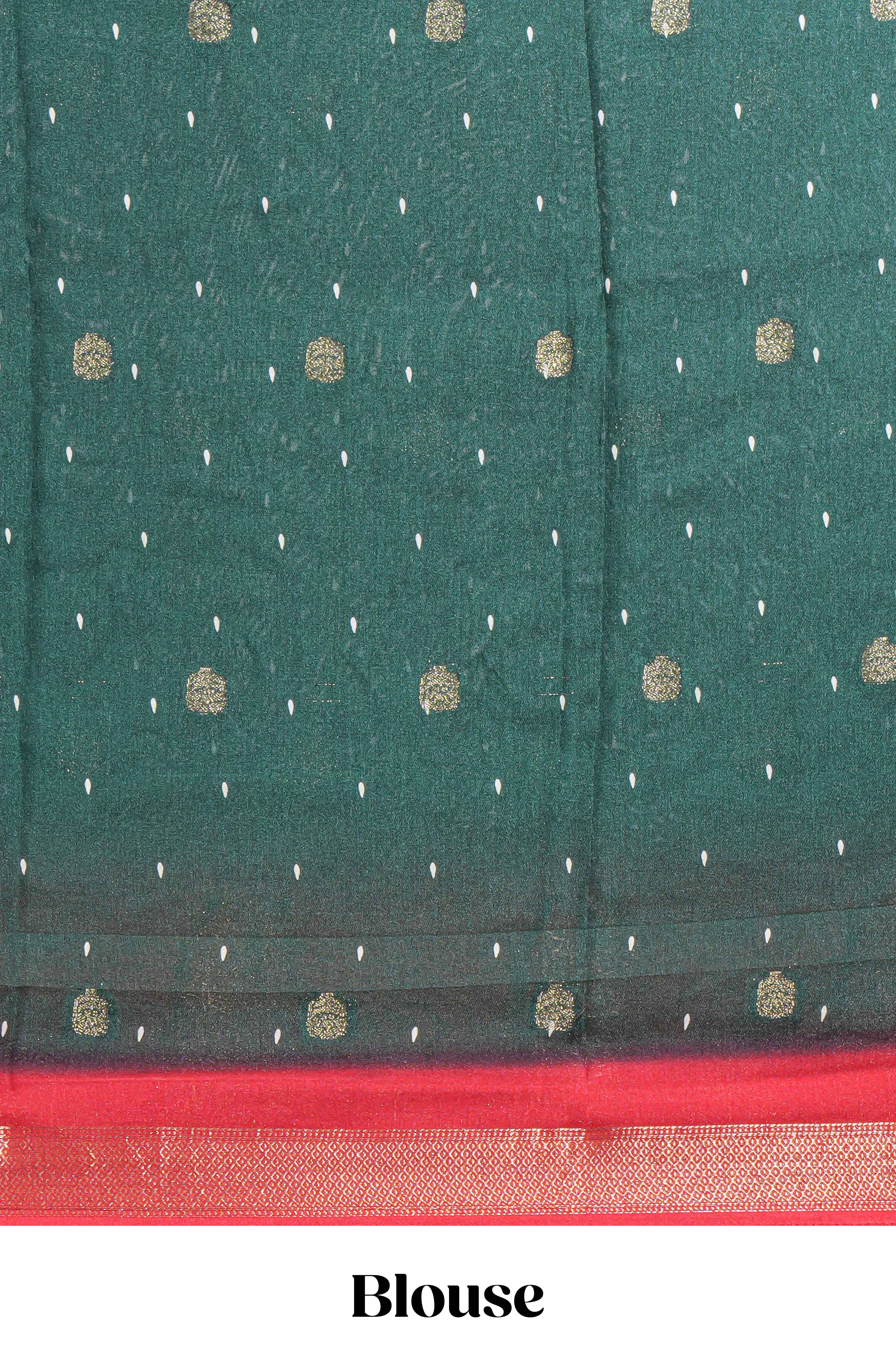 Dark Green Dola Silk Saree with elegant zari butis a rich zari border woven designer pallu along with matcing blouse